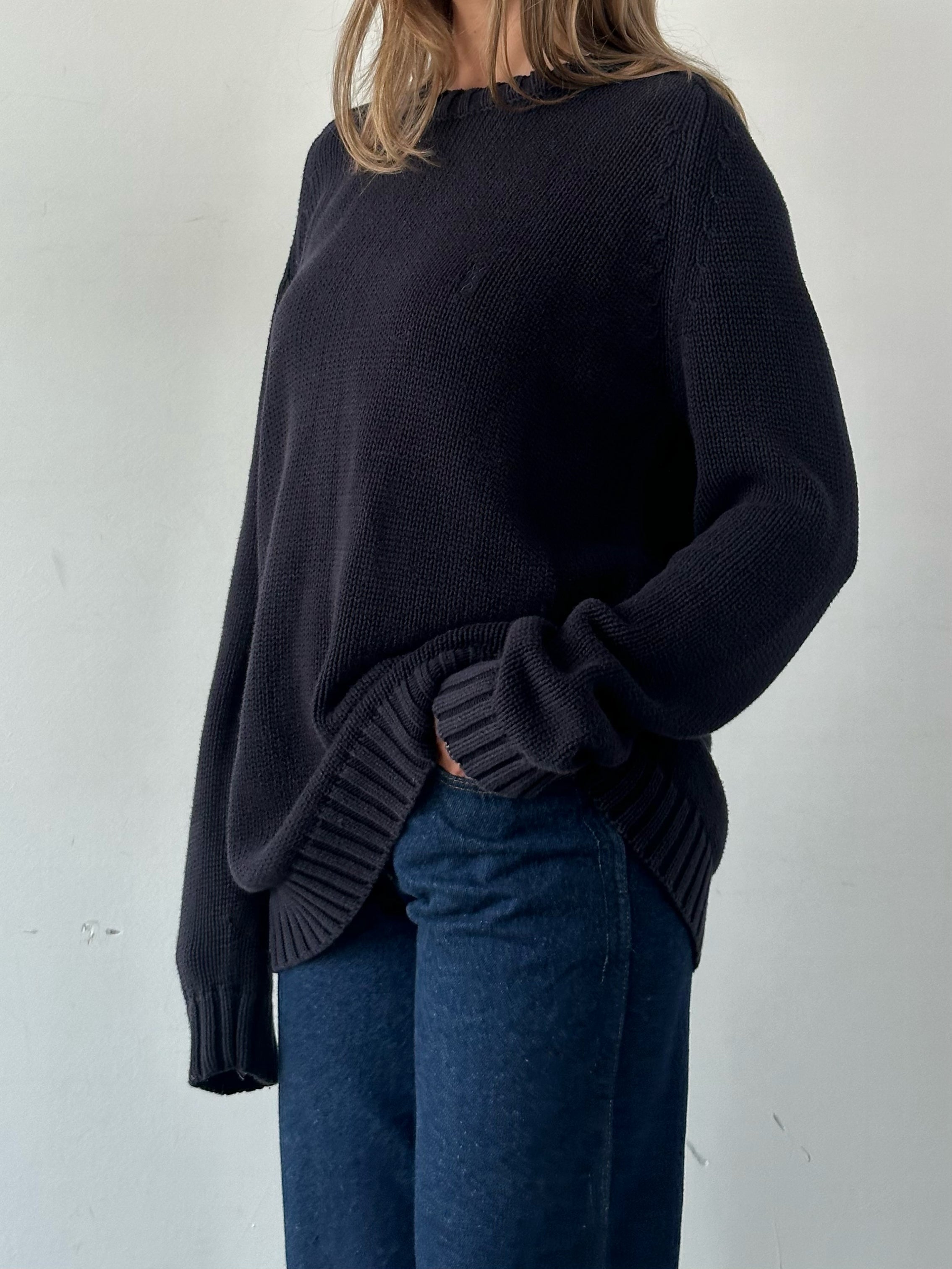 Yves Saint Laurent pure cotton knitted logo jumper in XXL, shown in navy with prominent YSL logo on the chest.