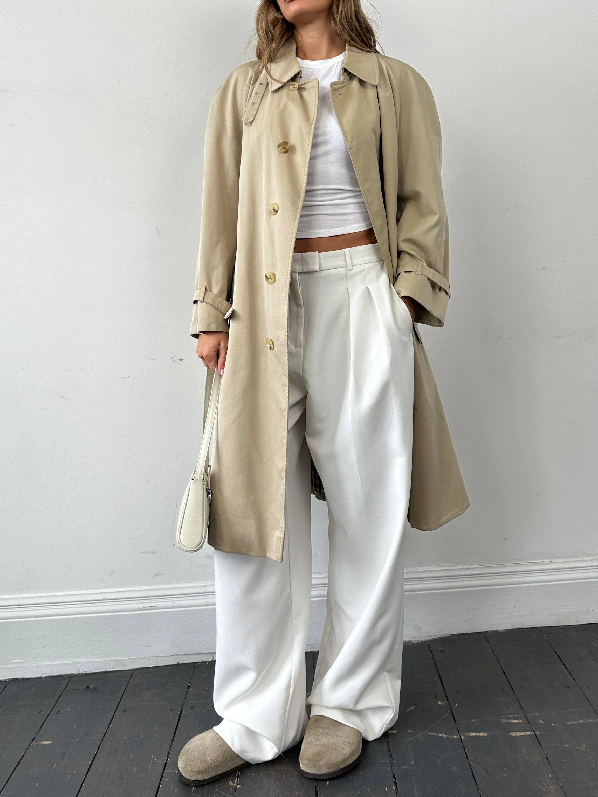 Aquascutum pure cotton belted trench coat with concealed placket, shown in a size large, featuring classic design and beige color.