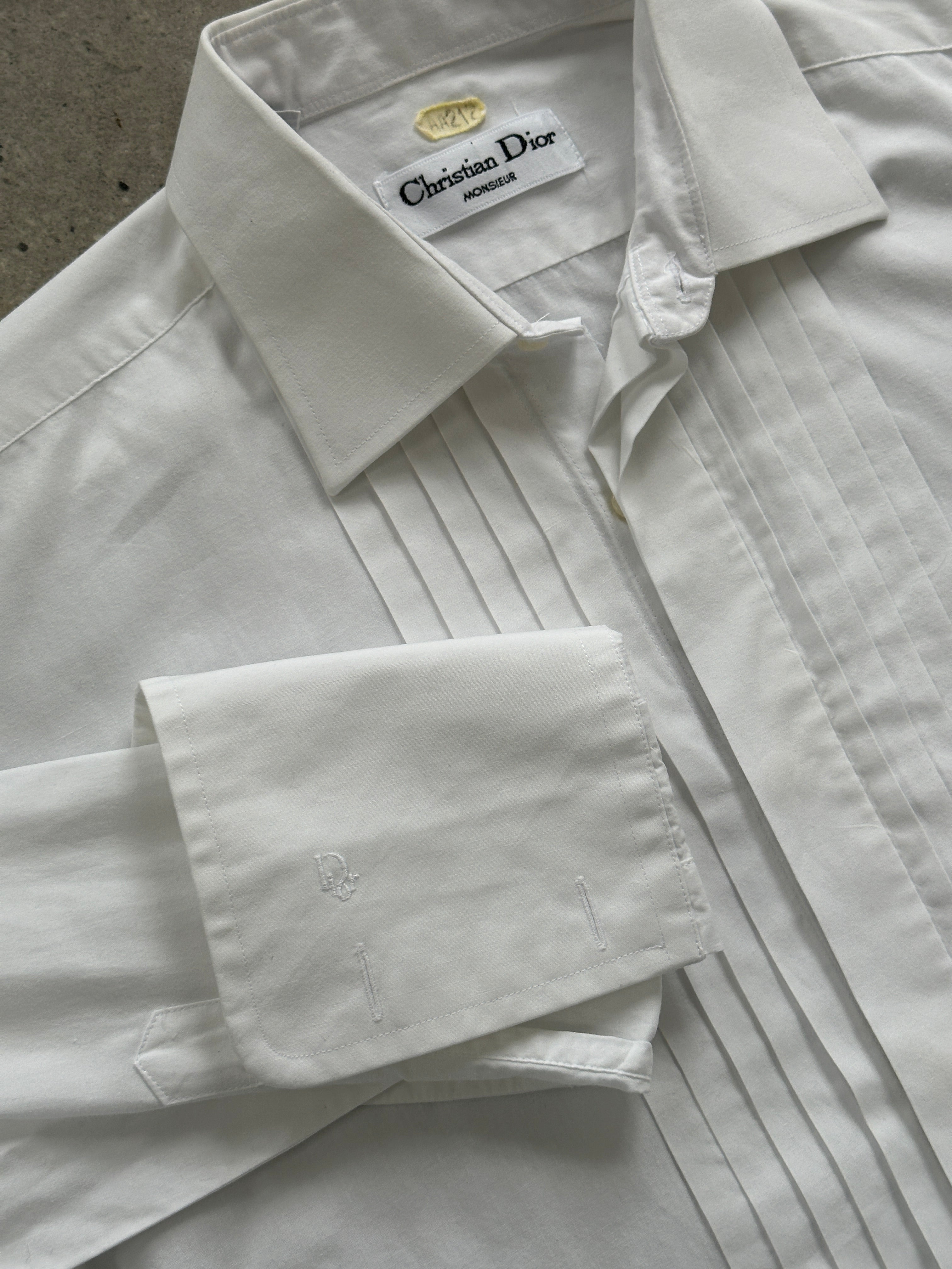 Christian Dior Monsieur cotton tuxedo dress shirt with logo detail, slim fit, long sleeves, and classic collar in white fabric.