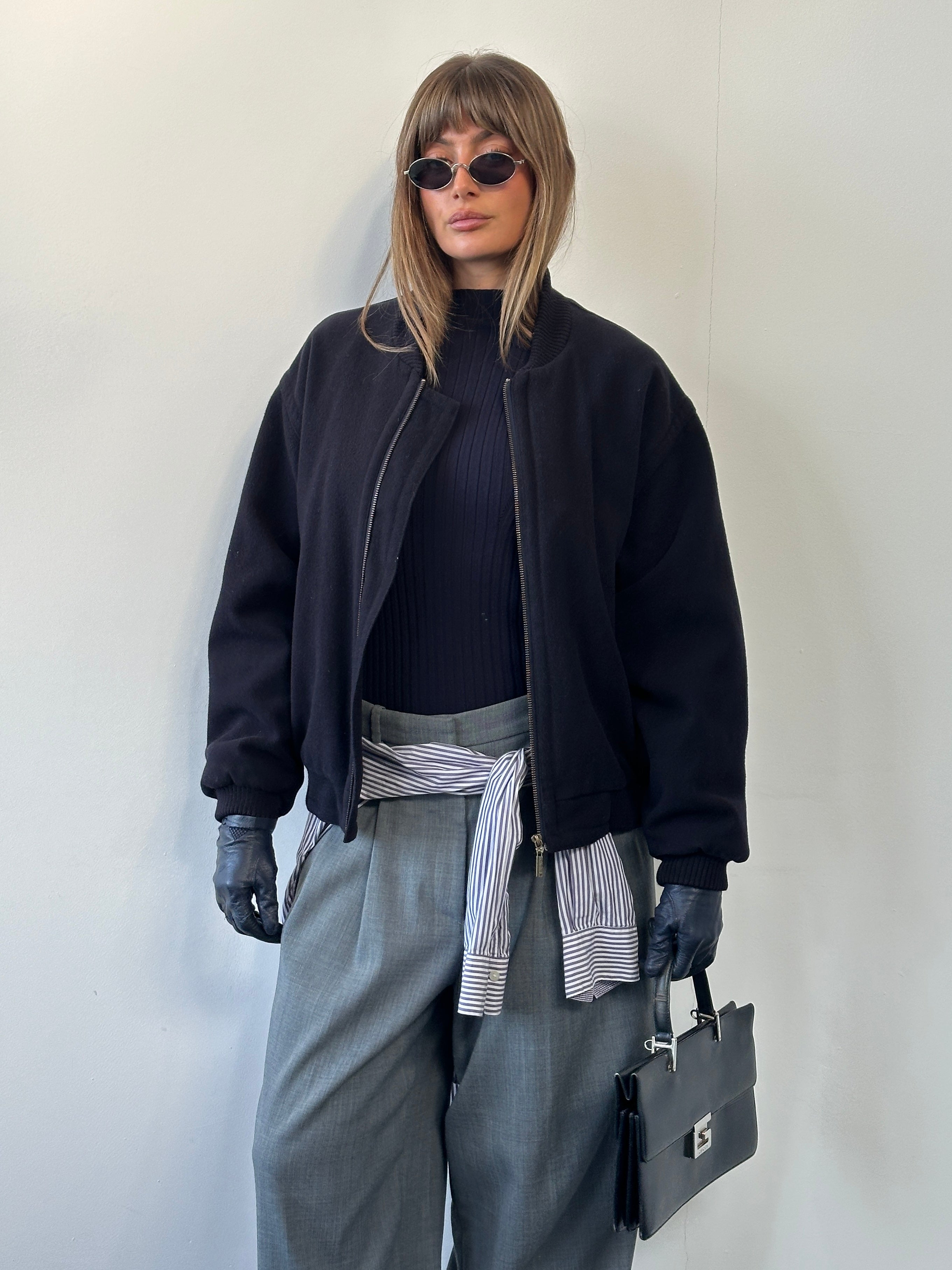 St Michael 1980s pure wool bomber jacket in size L, classic black design with ribbed cuffs and collar, vintage outerwear.
