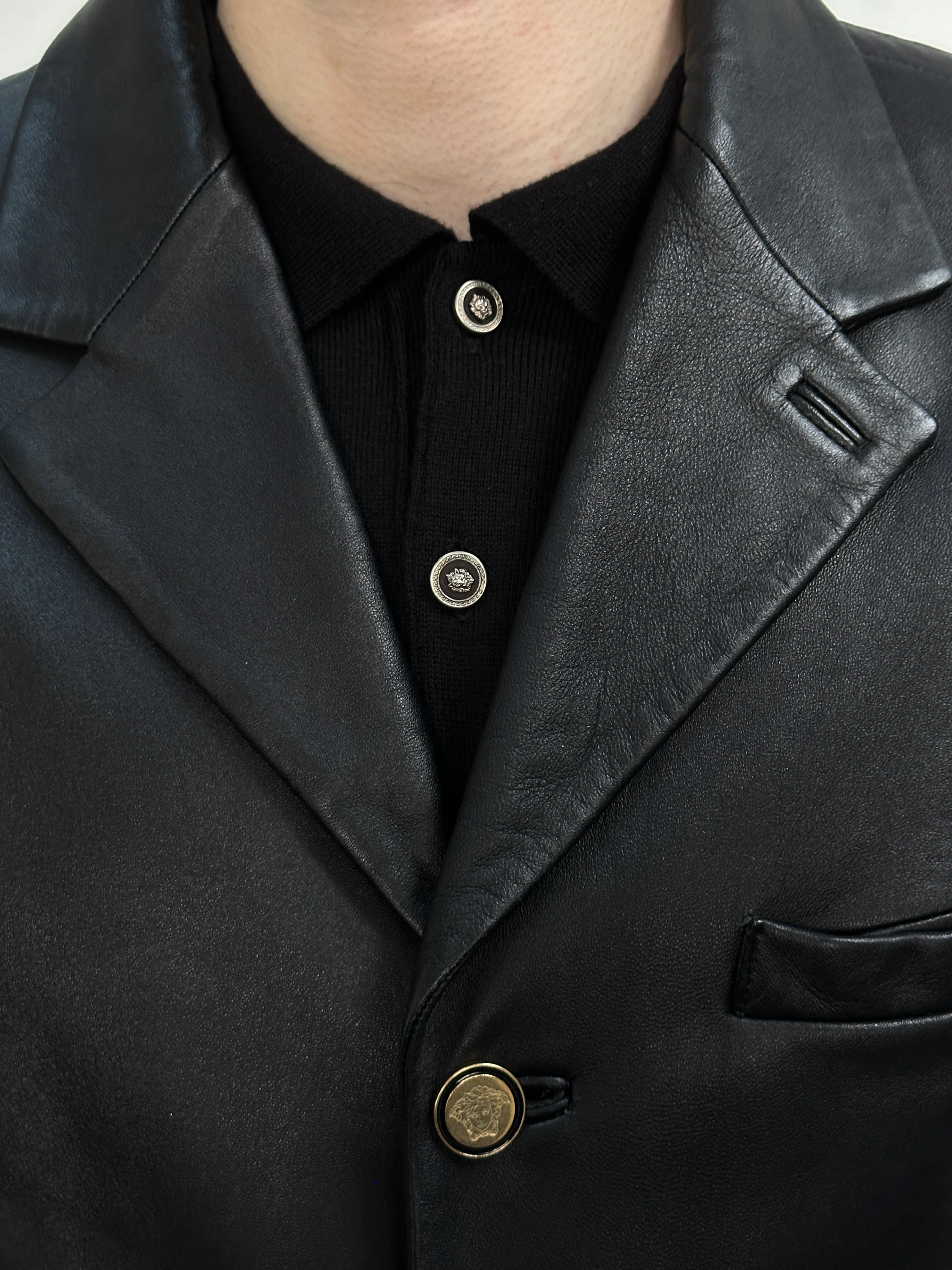 Versace Jeans Couture 1990s bespoke leather blazer jacket in size L, stylish men's fashion with tailored details and classic design.