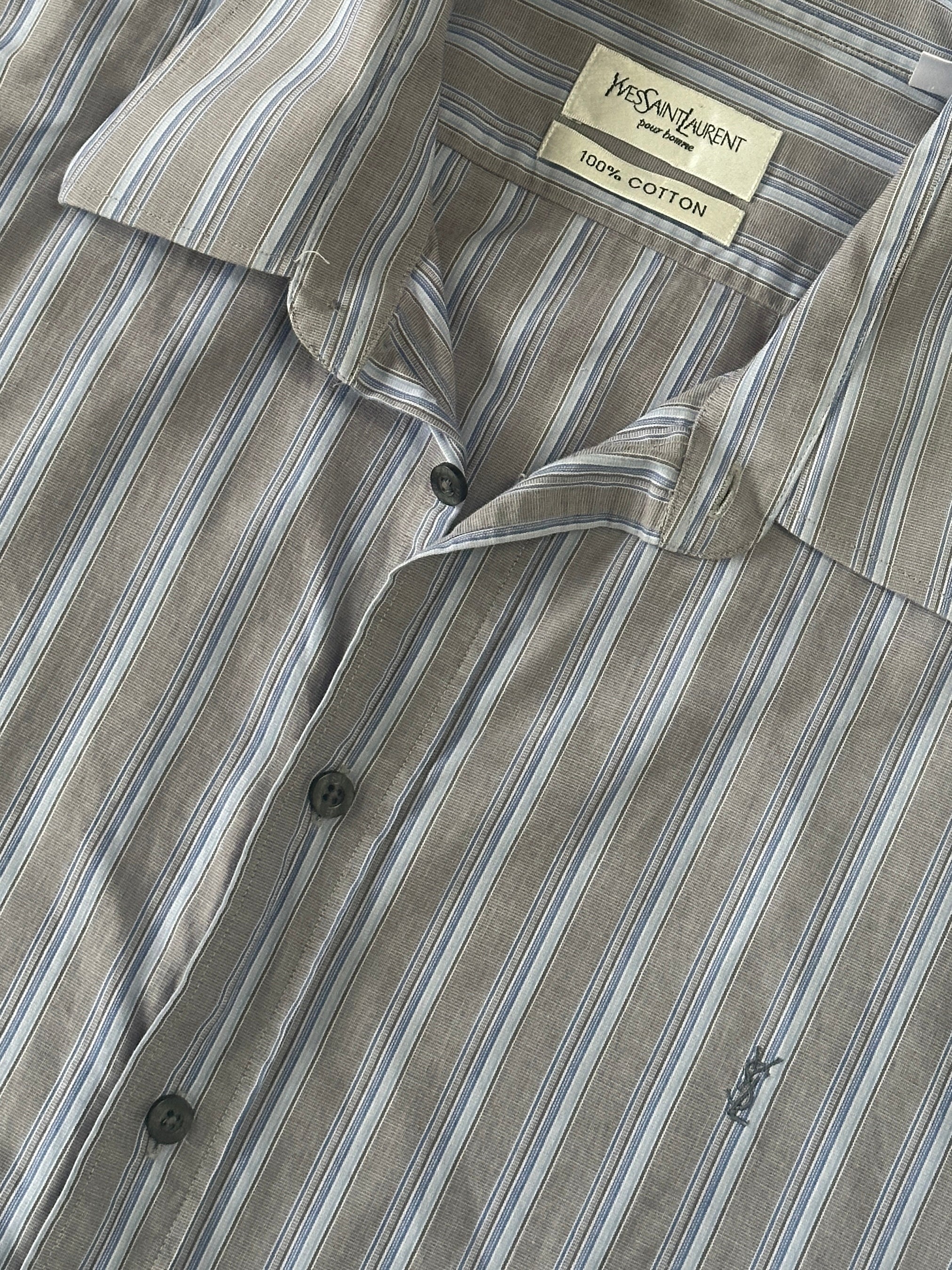 Yves Saint Laurent Pour Homme stripe pure cotton logo shirt in XL/XXL, showing a classic design with YSL branding and striped pattern.