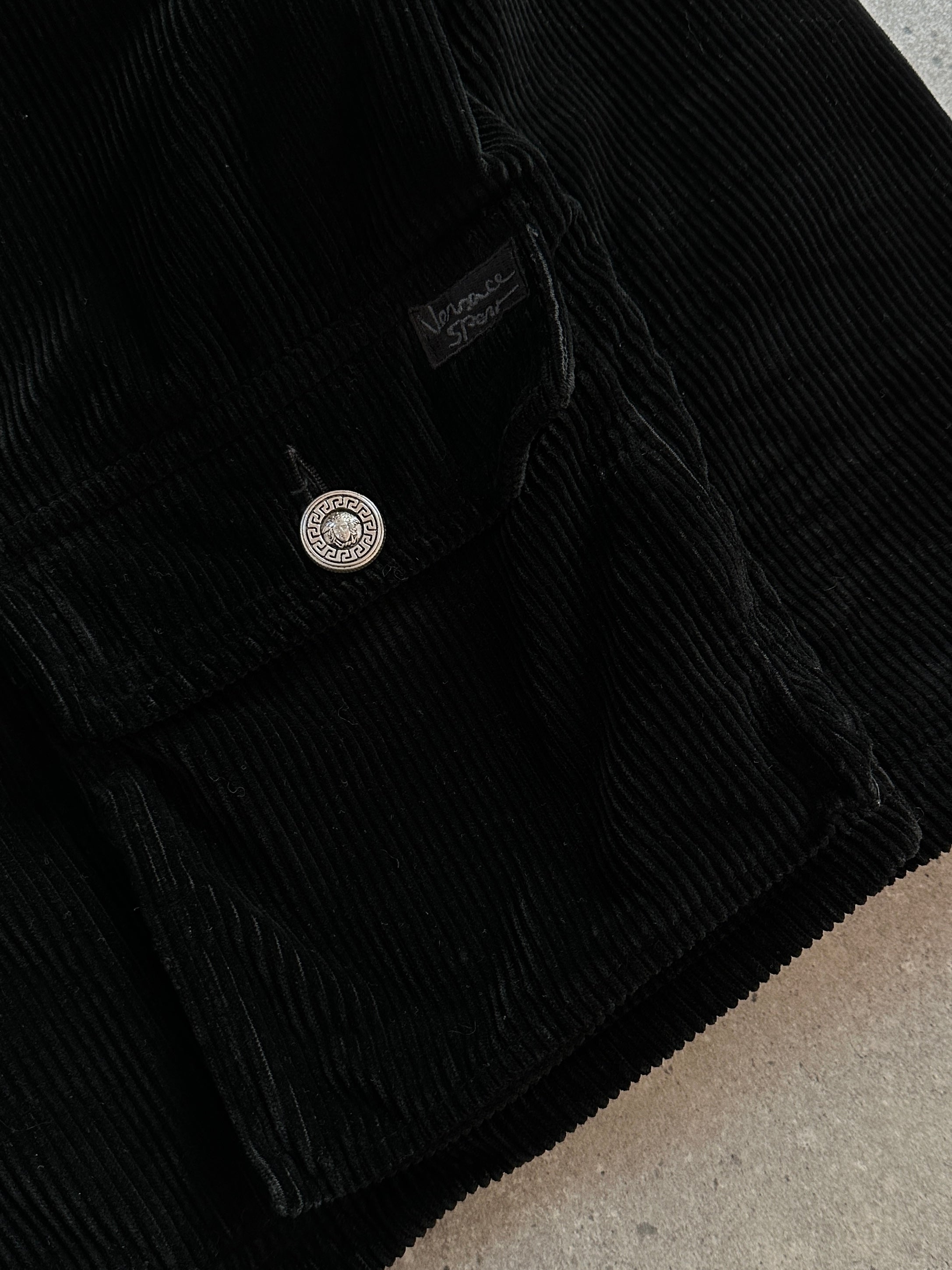 Versace Sport 1990s bespoke Medusa button corduroy double-breasted coat in XL, featuring classic design and Medusa motif.