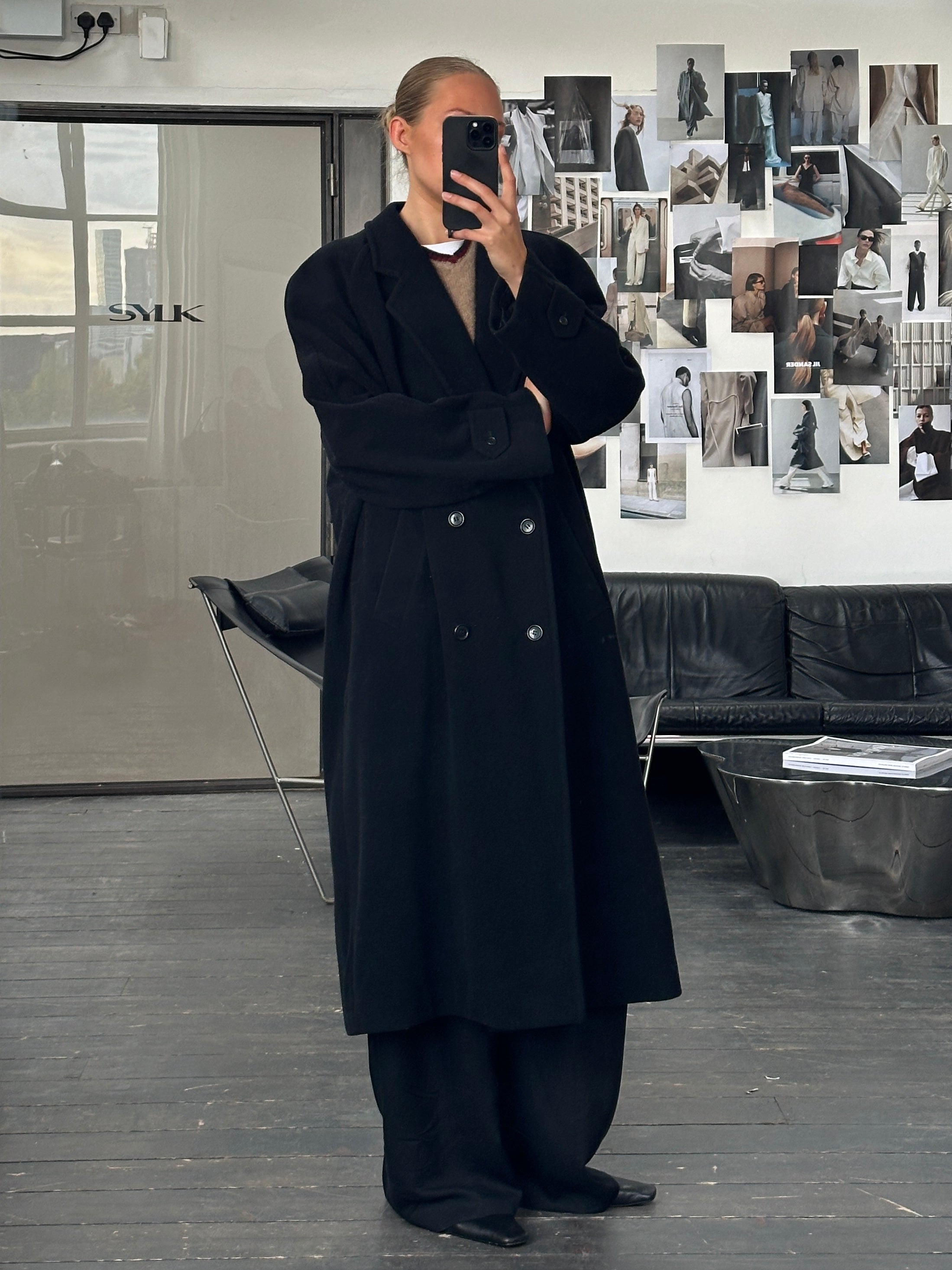 Vintage 1990s wool cashmere double-breasted coat in XL, classic style with tailored fit and textured fabric.