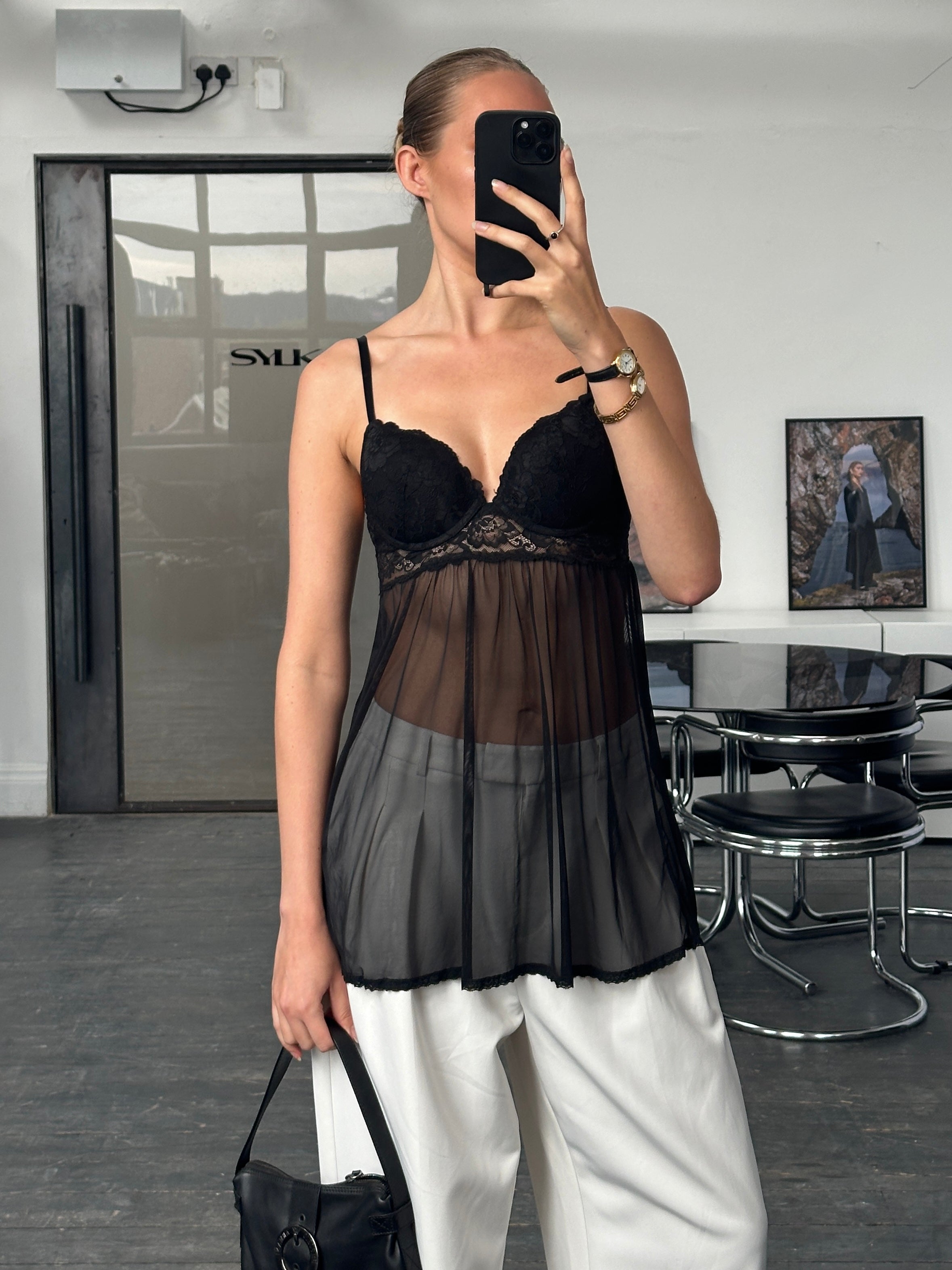 Vintage 2000s sheer lace pushup cami top, size small, featuring delicate lace fabric and fitted design.