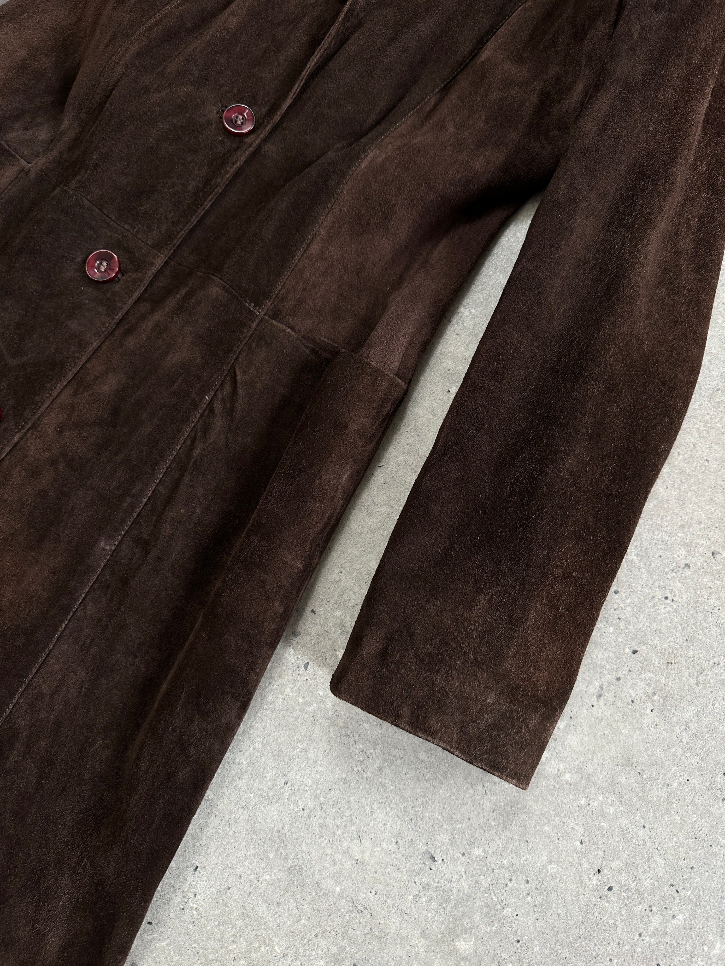 Vintage suede trench coat jacket in size small, featuring classic design and textured suede material.