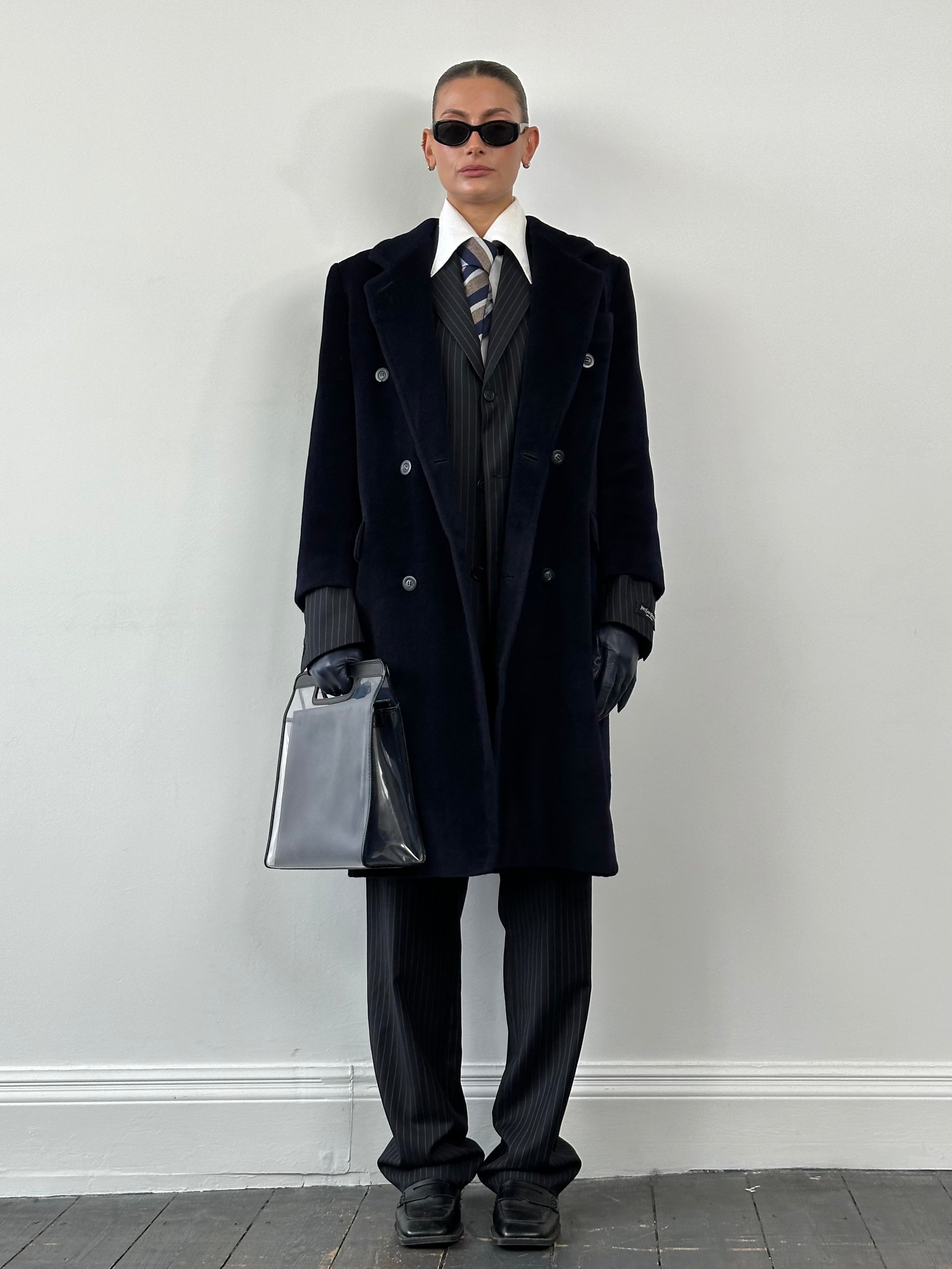 Max Mara double-breasted wool coat in size M, featuring classic lapels and tailored fit, shown on a hanger.