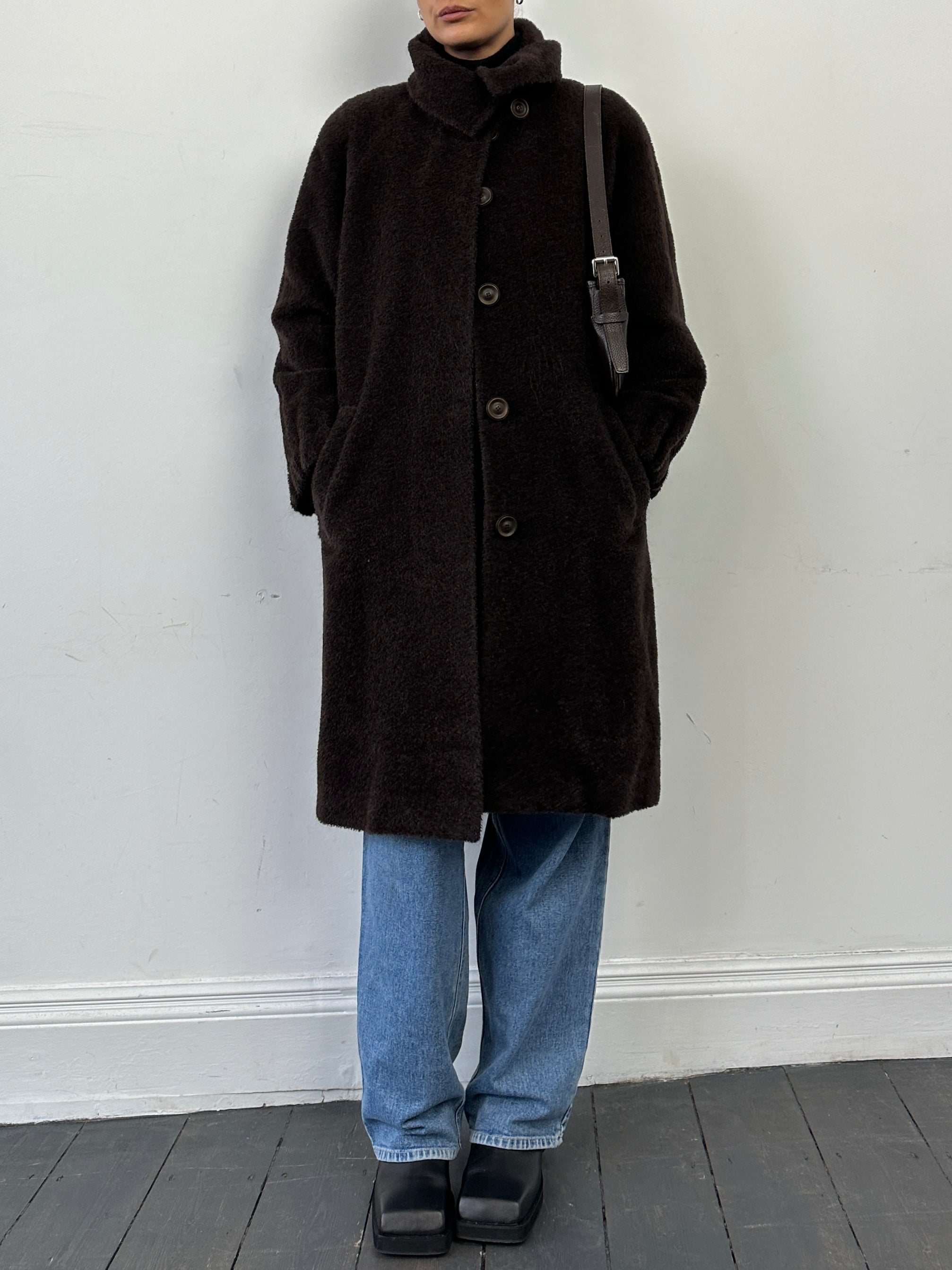 Vintage Italian wool and mohair teddy coat with concealed placket in size M, showcasing a classic, textured fabric and tailored design.