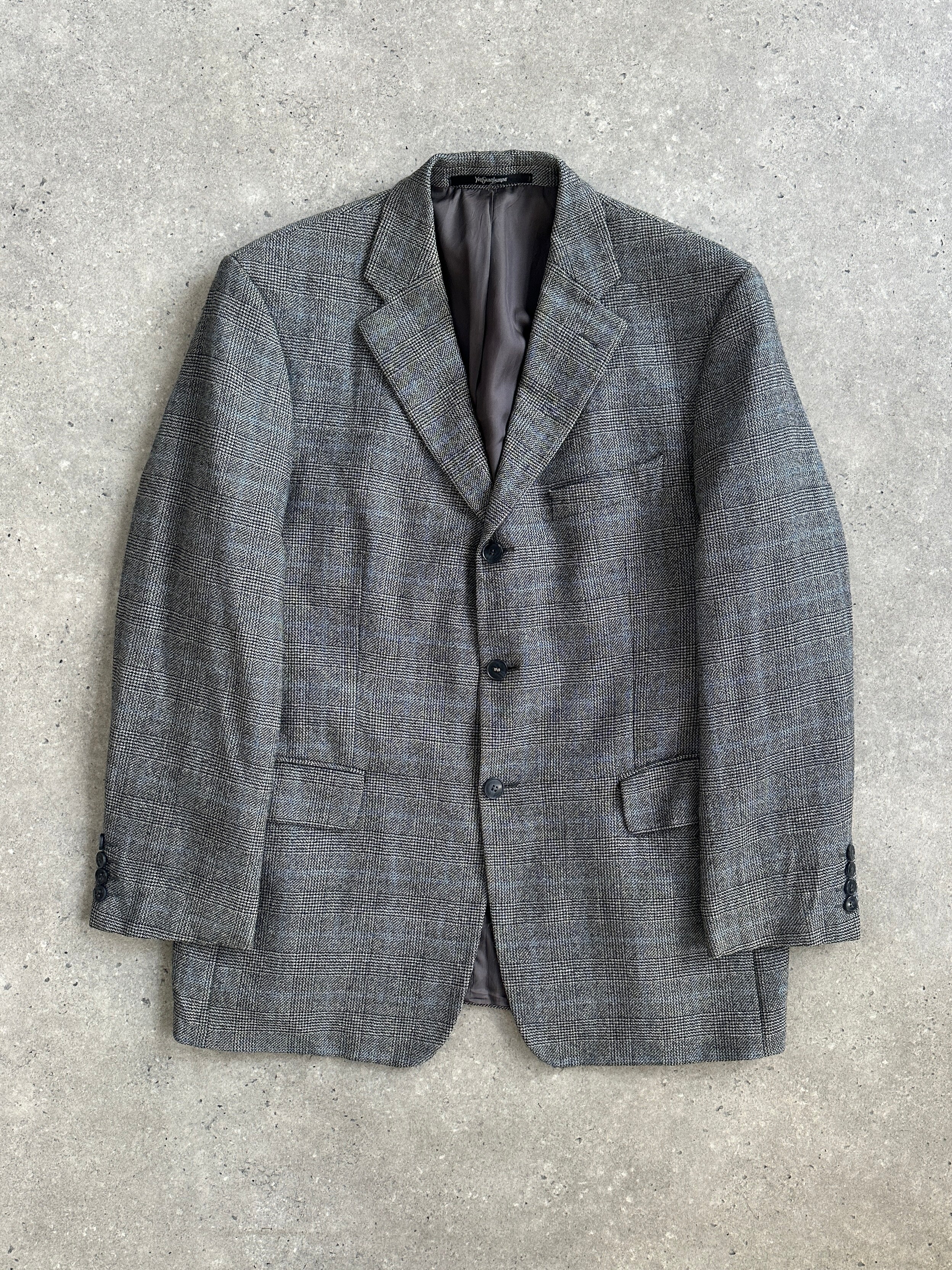 Yves Saint Laurent Pour Homme 1990s pure wool check blazer size 40R/L, tailored men's blazer with classic pattern and structured fit.