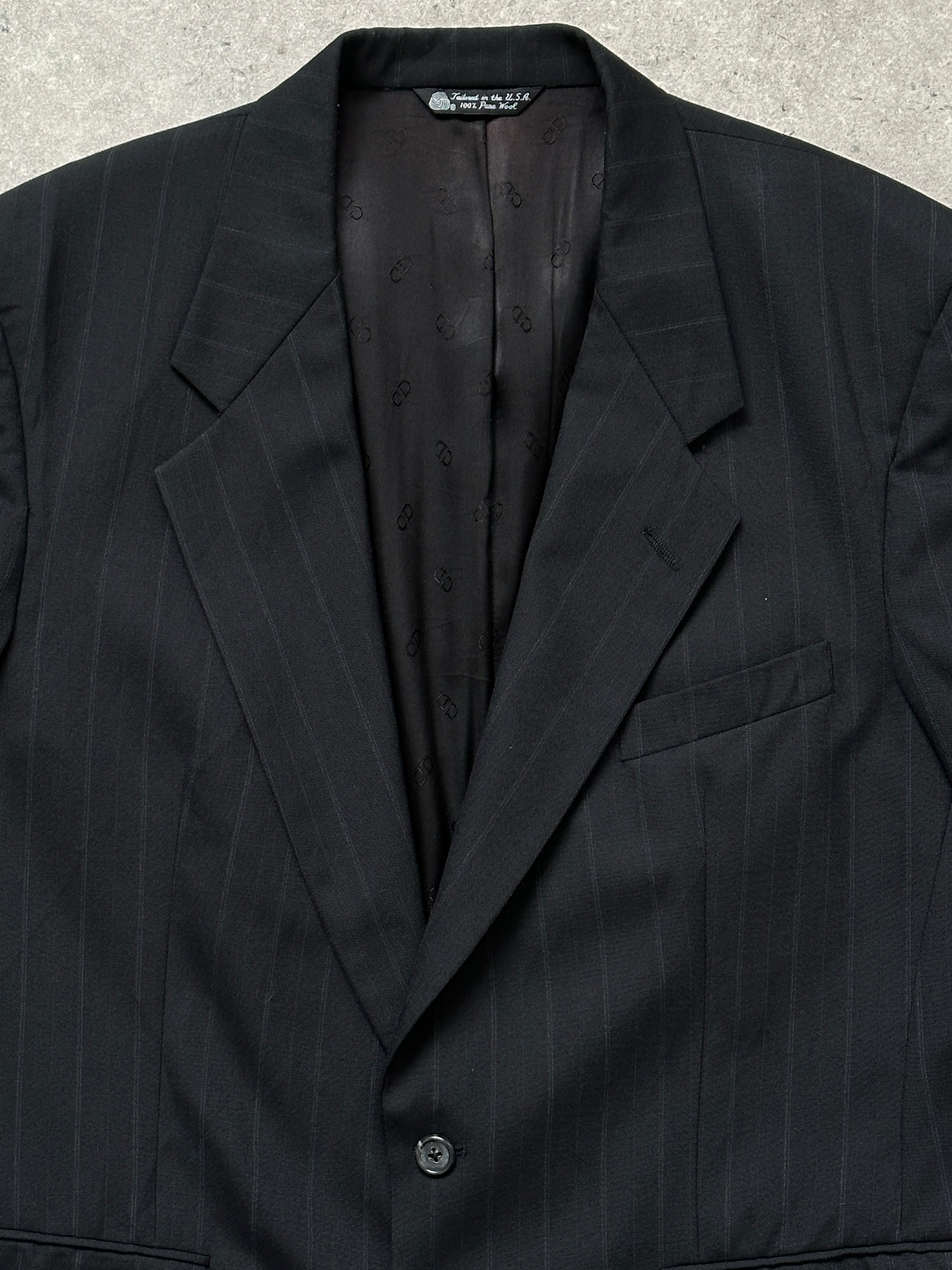 Christian Dior Le Connaisseur 1990s pure wool stripe blazer, size 42R/XL, featuring classic tailored fit and bold striped pattern.