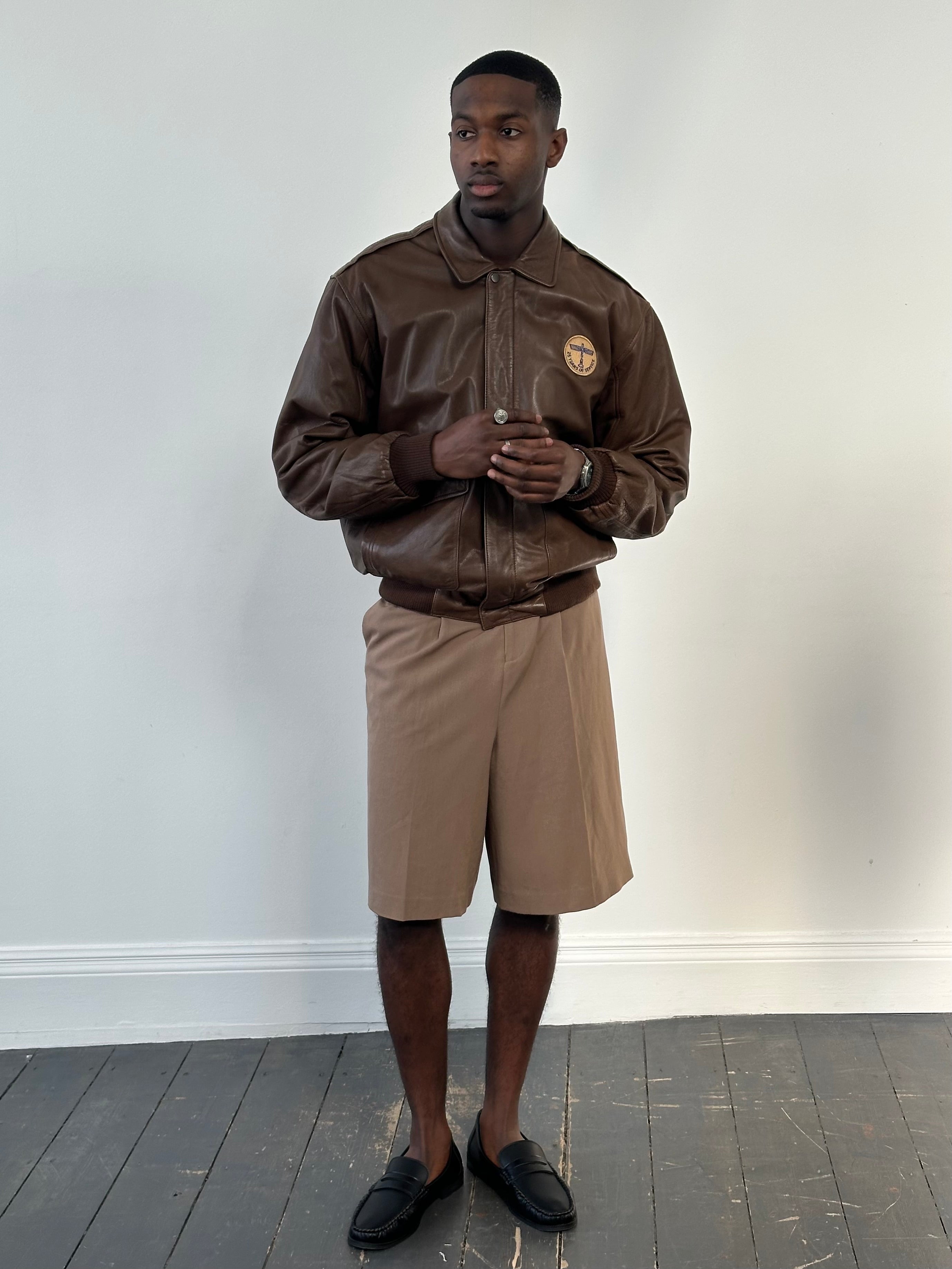 Vintage 1990s  Embroidery Aviator Leather Bomber Jacket - M