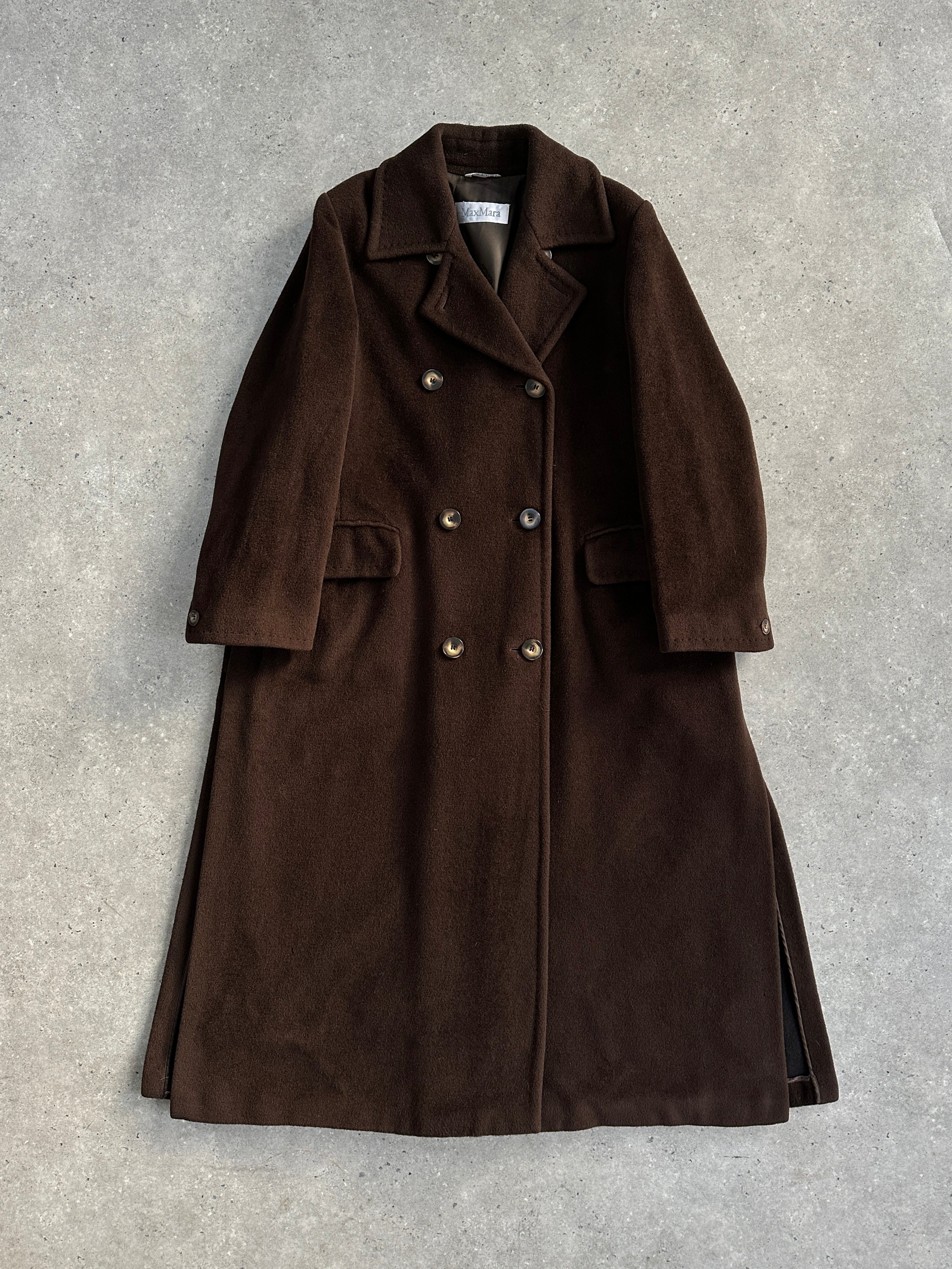 Max Mara wool cashmere double-breasted floor-length coat in size L, displayed on a hanger with a neutral background.