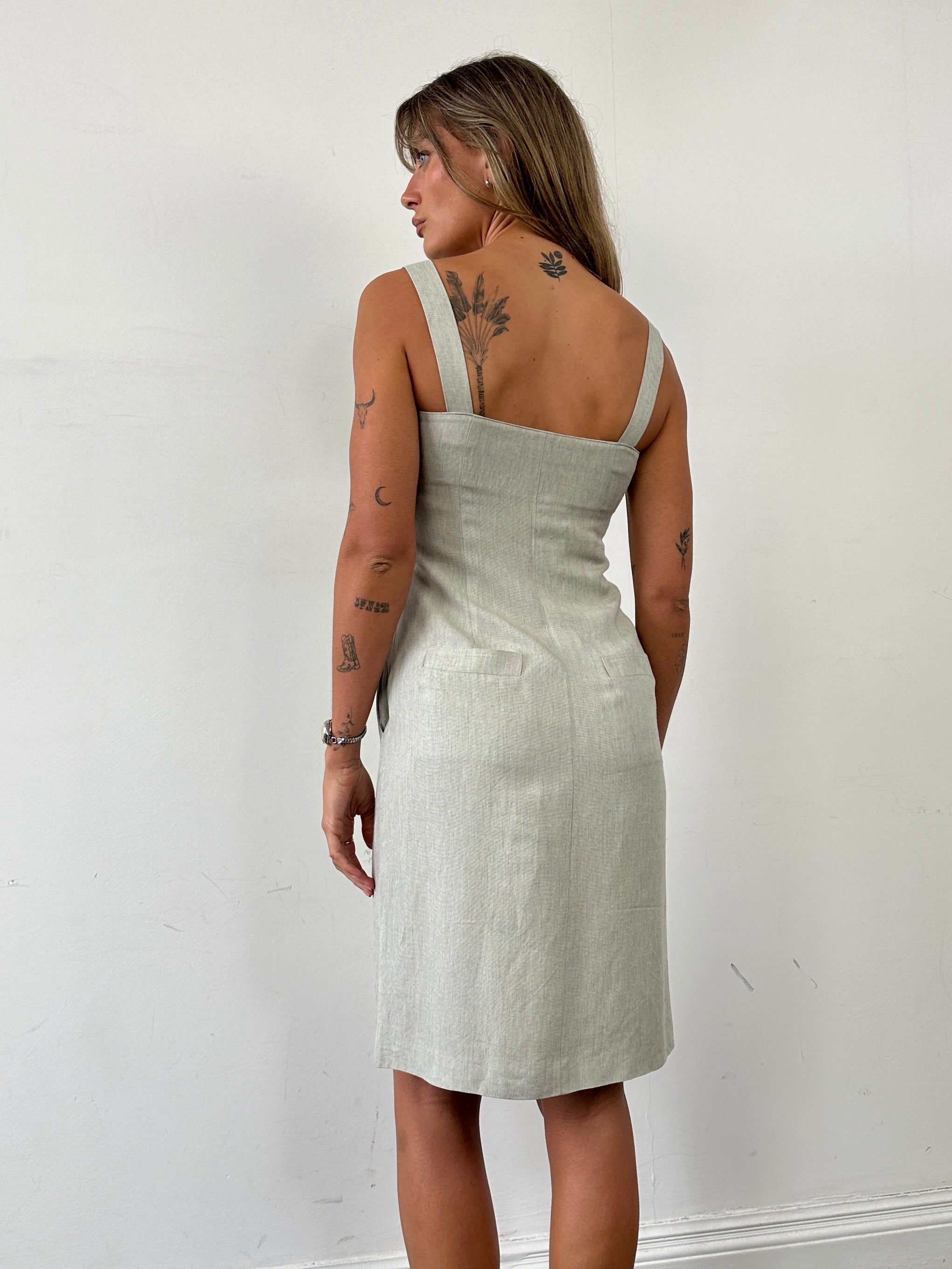 Marella linen midi dress in XS/S displayed flat, showing its lightweight fabric, classic design, and neutral color for summer wear.