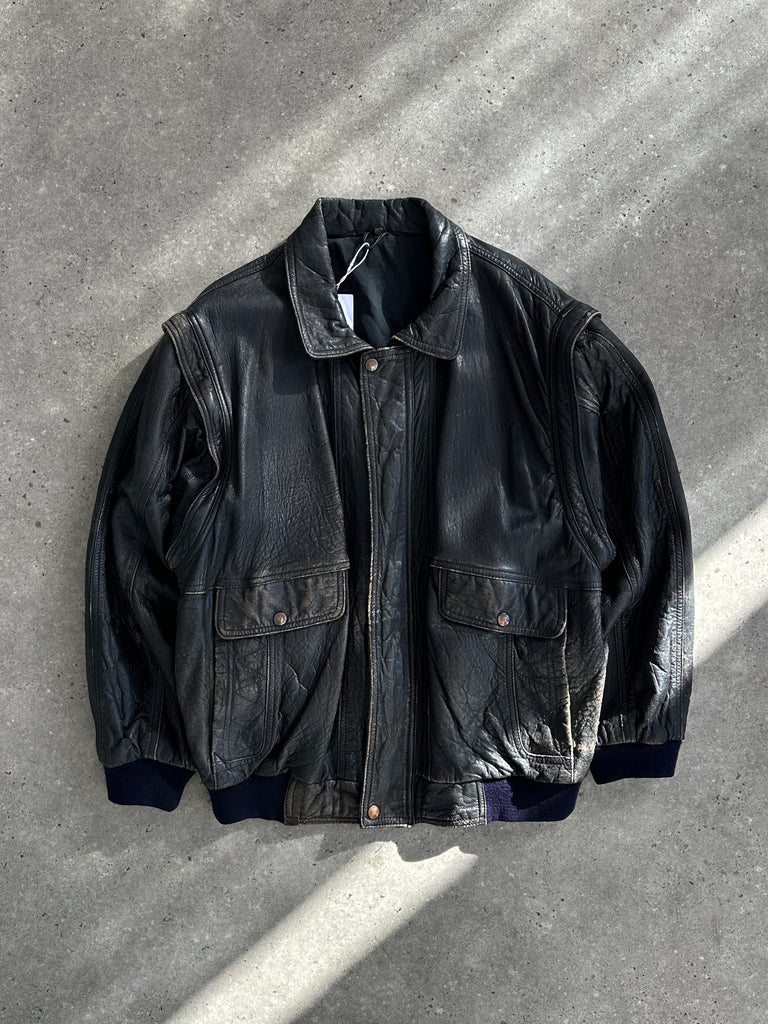 Vintage Distressed Leather Bomber Gilet Jacket - M/L - SYLK