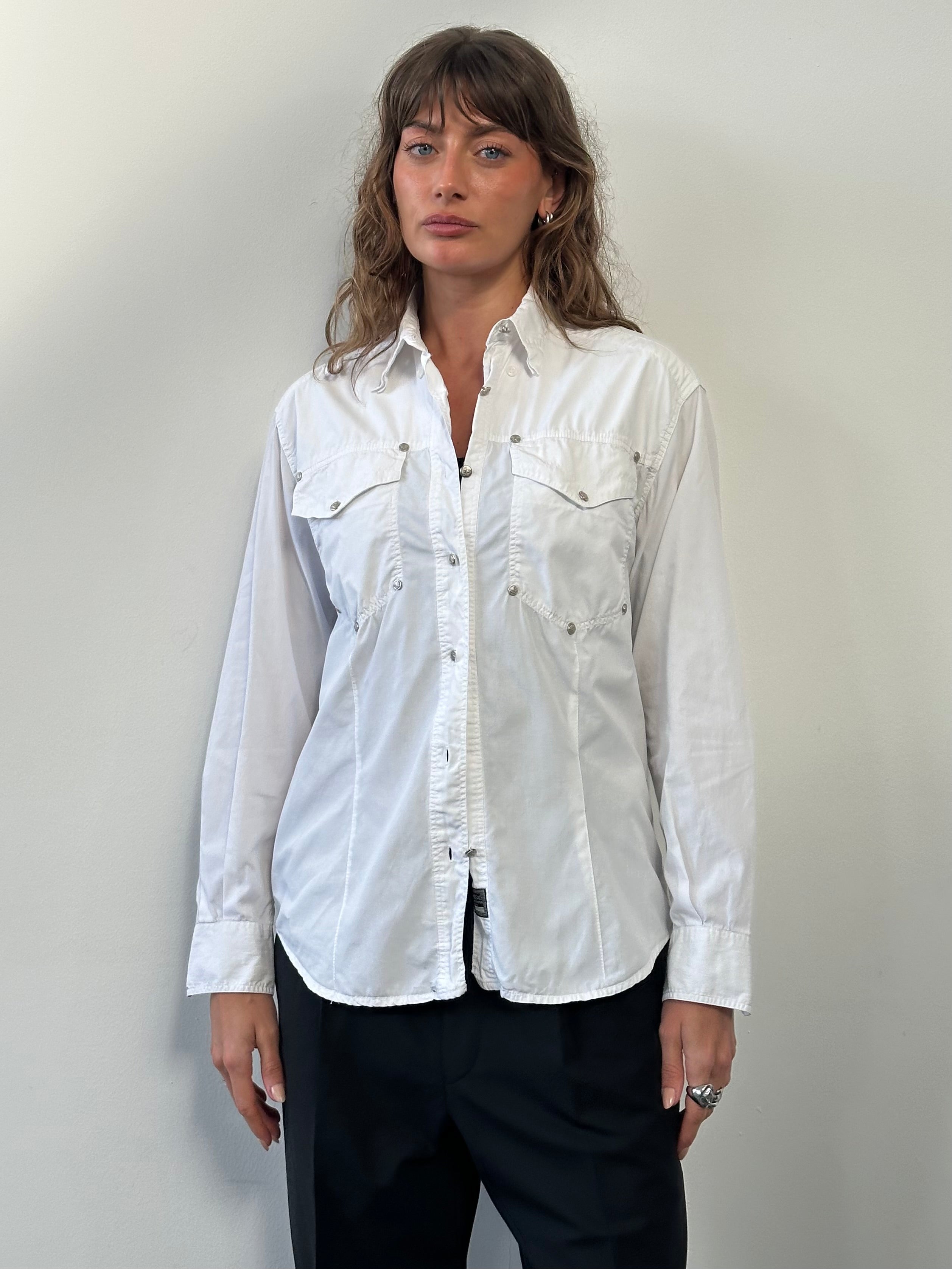 Versace Jeans Couture 2000s bespoke Medusa button shirt in size M, featuring bold Medusa logo and classic button-down design.