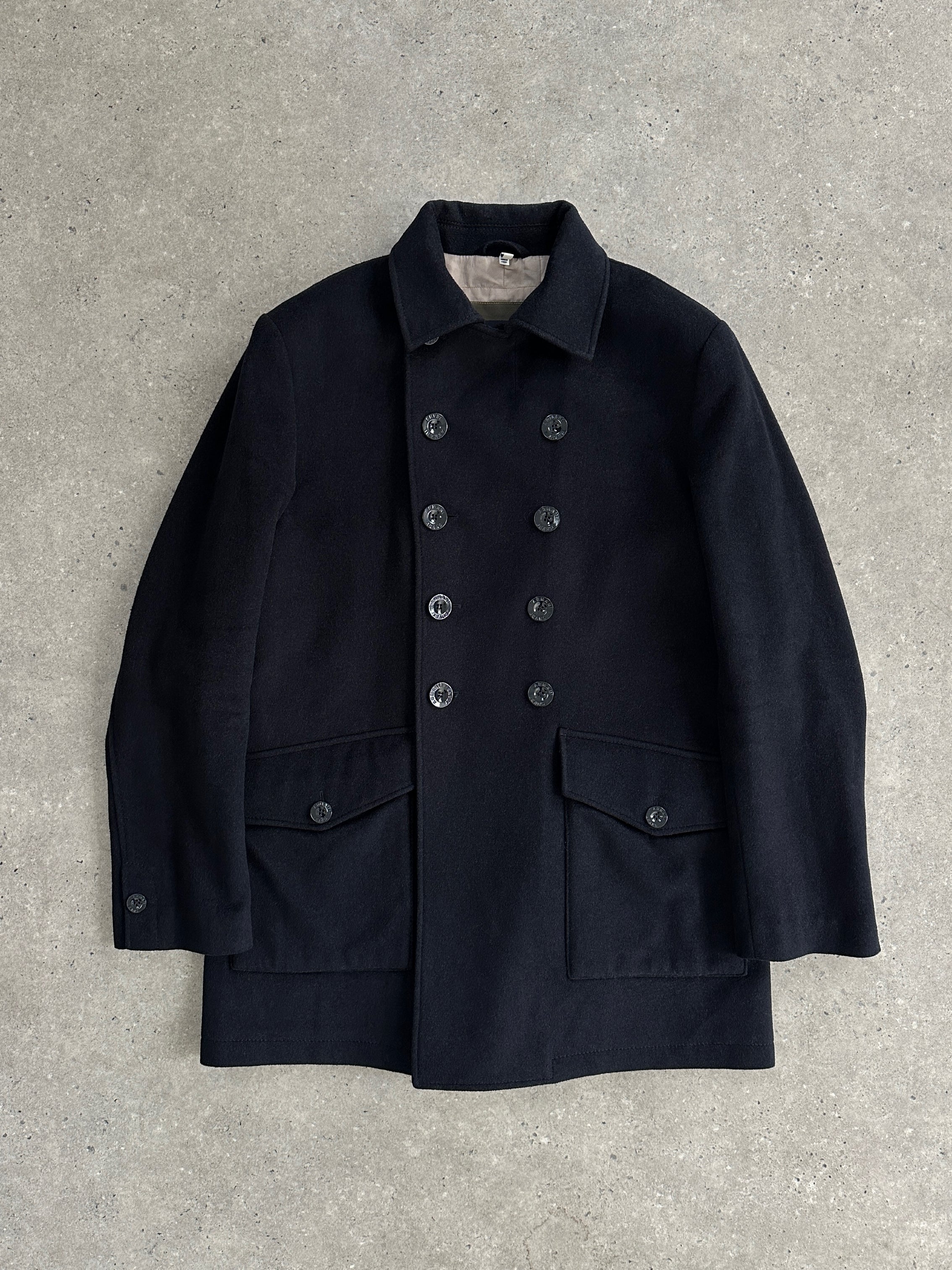 Armani Jeans wool double-breasted coat in XL, featuring a classic design and tailored fit, displayed on a hanger.