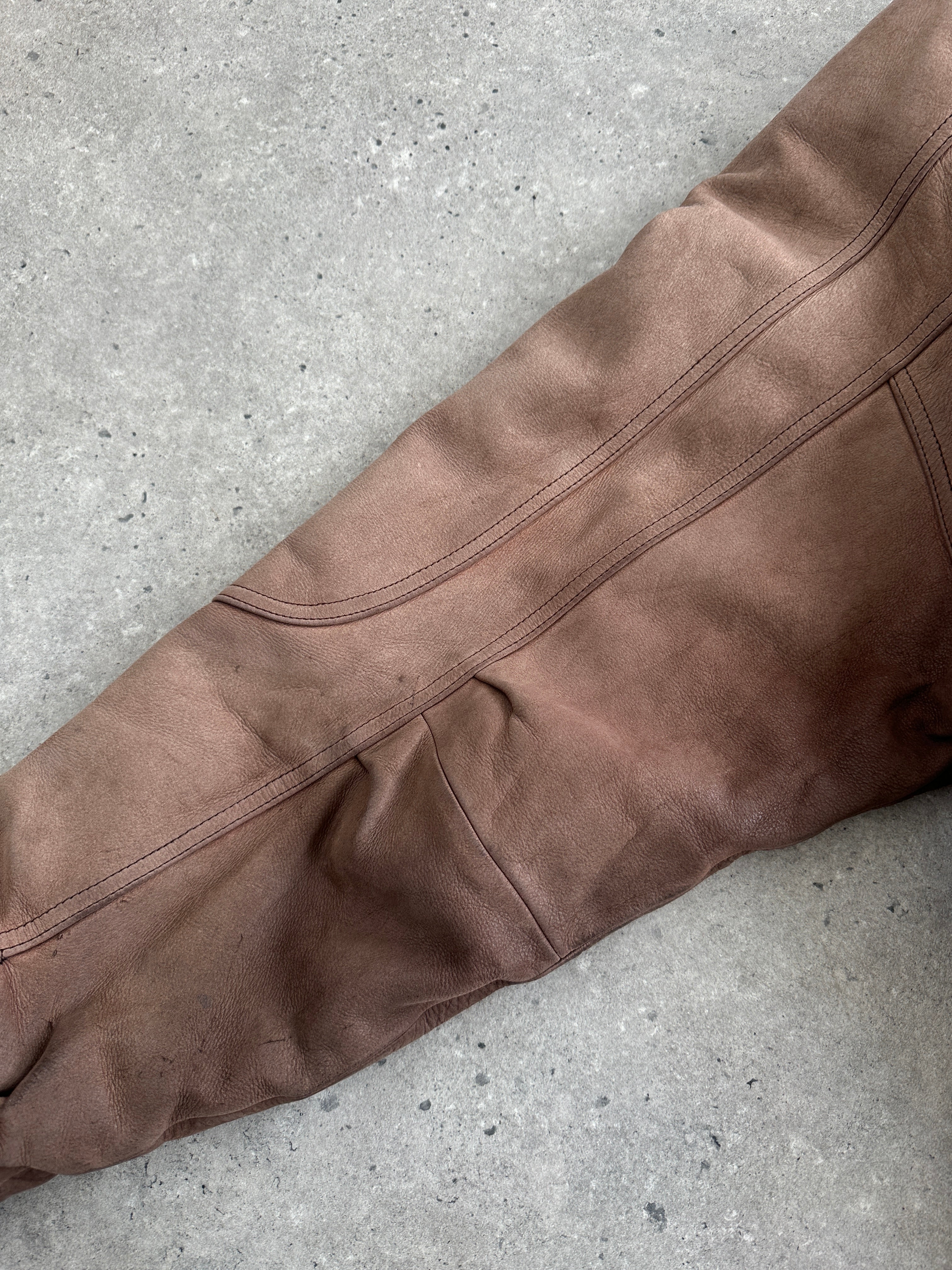 Vintage 1990s high neck aged leather bomber jacket, size large, with worn leather texture and classic design.