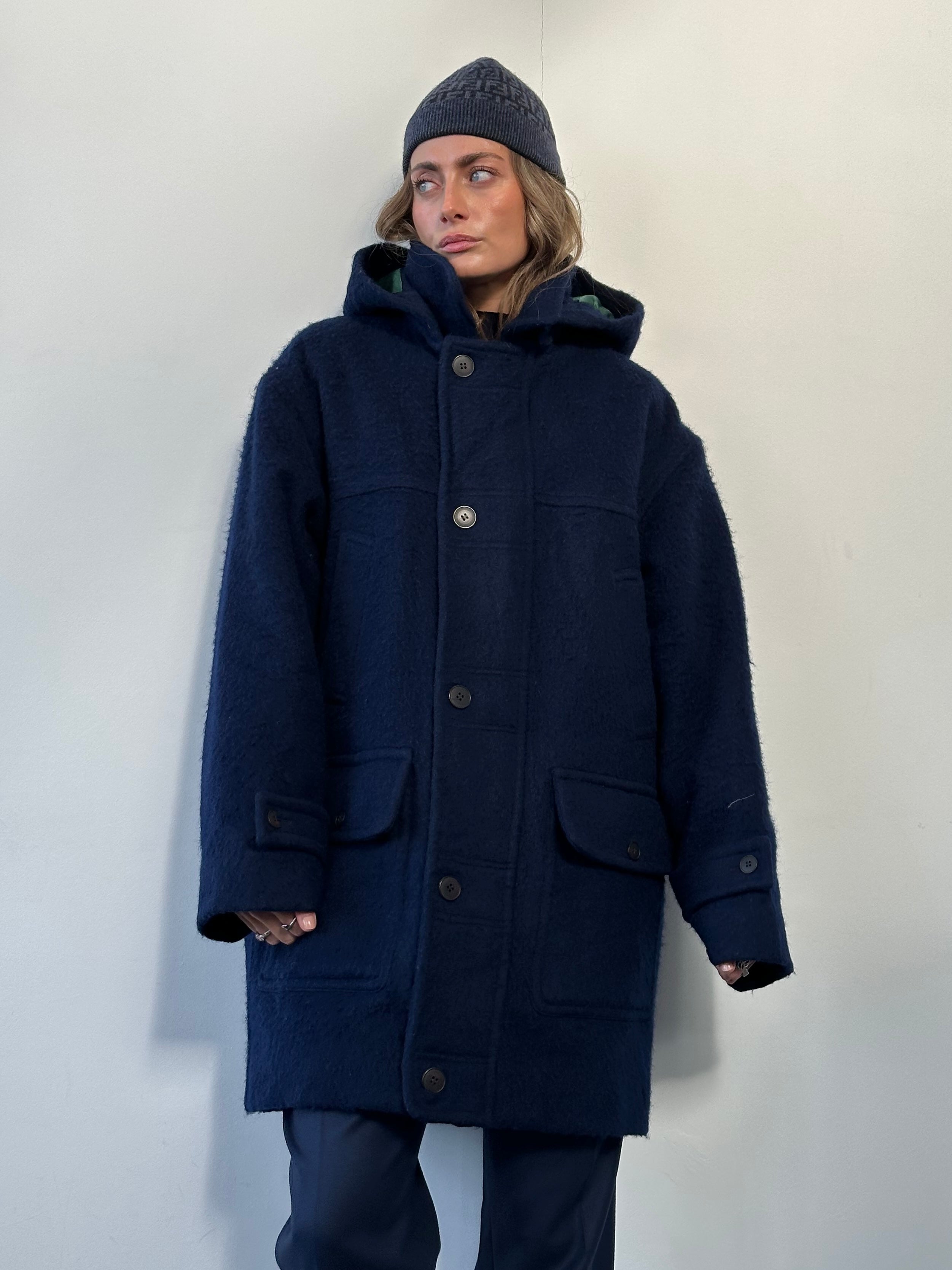 Yves Saint Laurent 1980s pure wool hooded coat in XL/XXL, dark color, showcasing classic design and cozy fit.