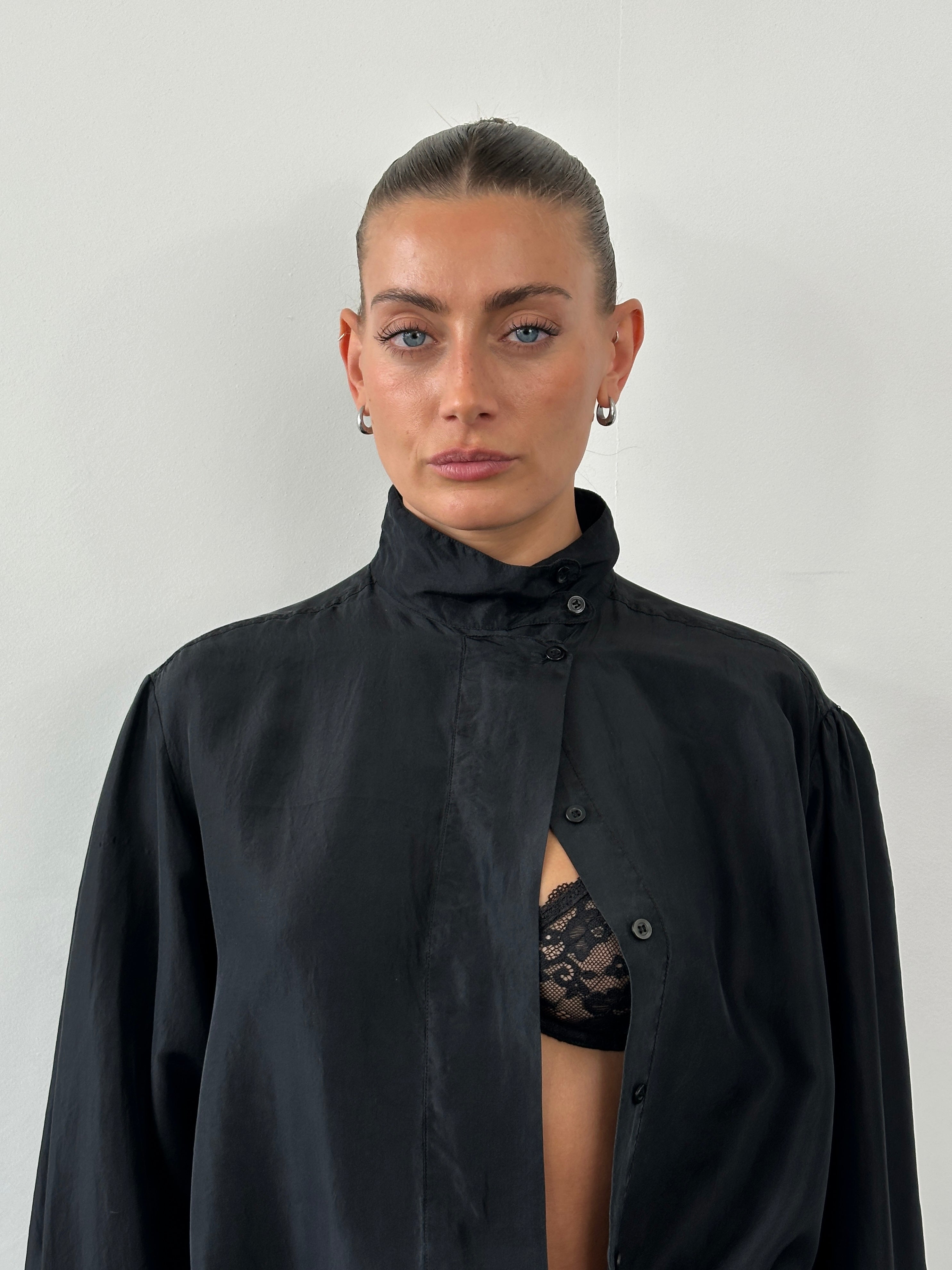 Vintage Pure Silk High Neck Shirt in size M, showcasing a classic high neckline and smooth silk fabric in a timeless design.