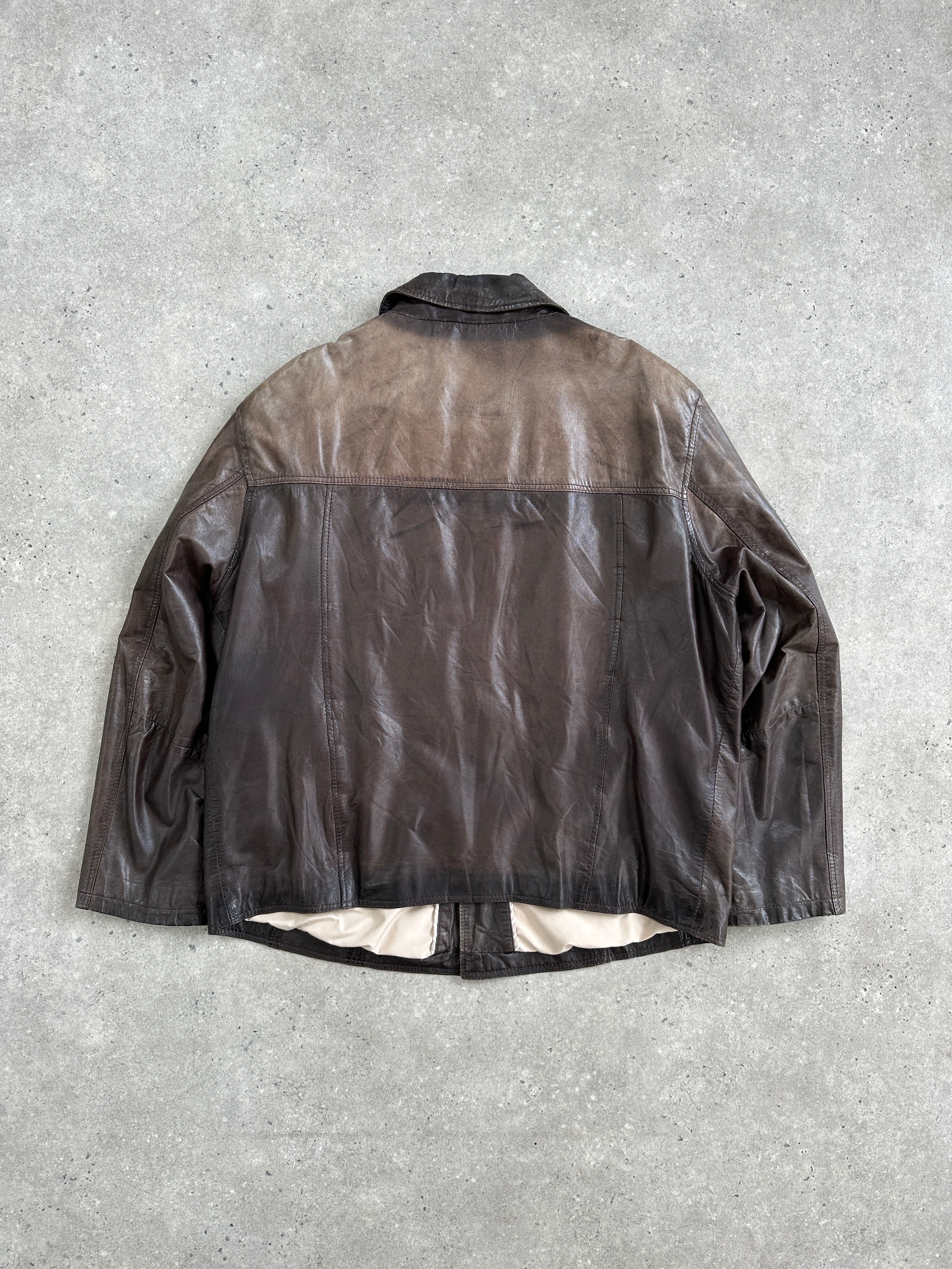 Vintage 1990s aged leather jacket in XL, showing distressed brown leather with classic collar and button details.