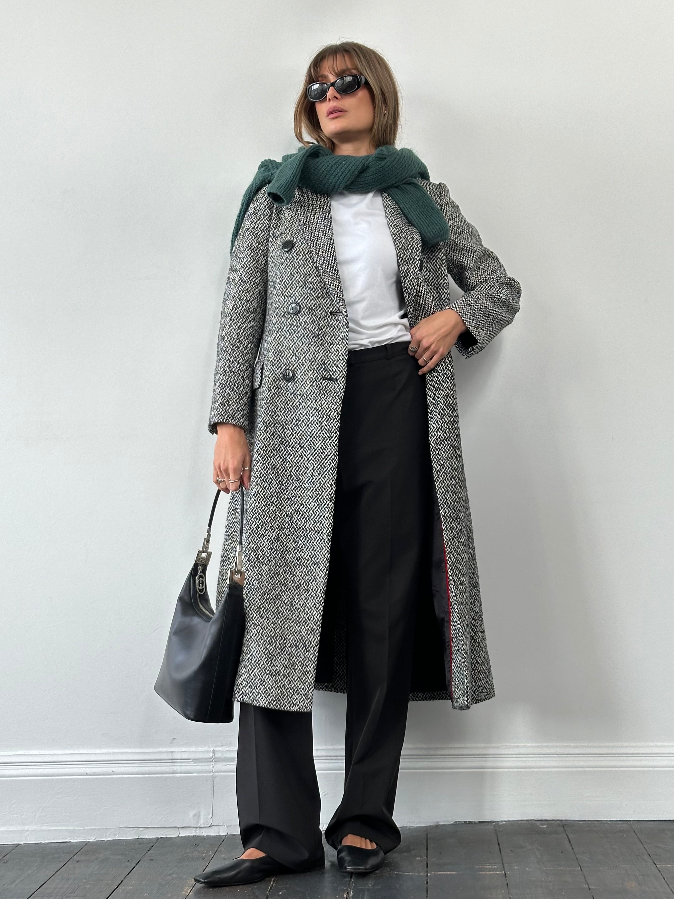 MAX & Co wool blend tweed double-breasted coat in size M, featuring classic lapels and tailored fit, displayed on a hanger.