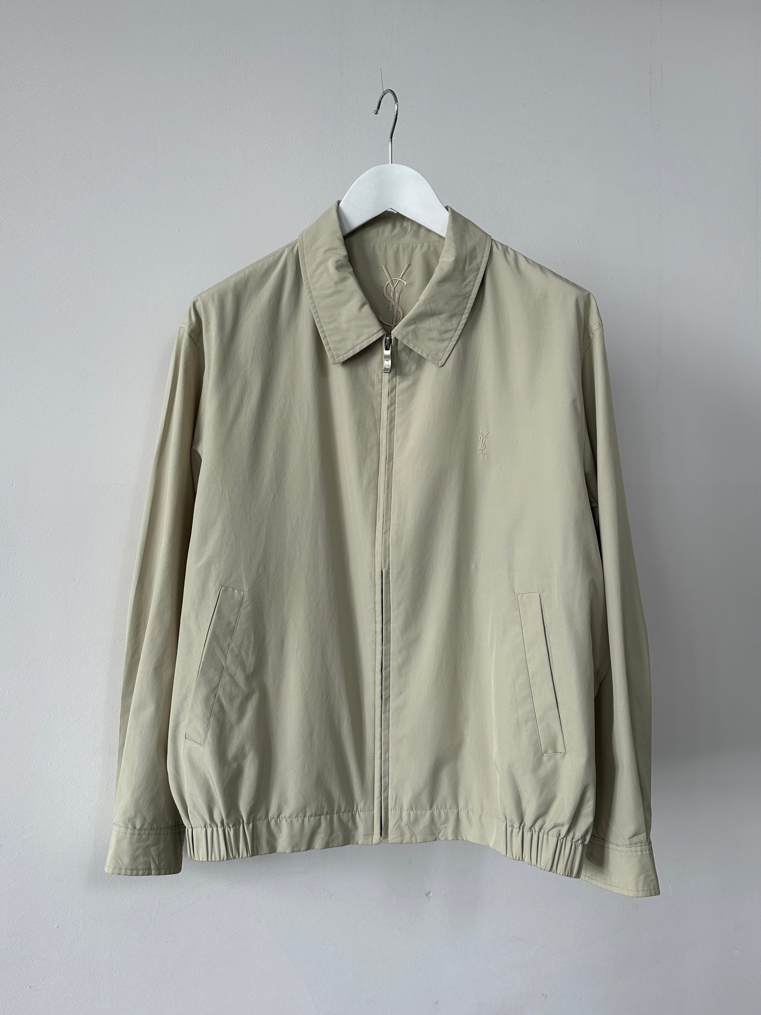 Yves Saint Laurent Pour Homme logo bomber jacket in size L, black with branded logo detail, stylish men's outerwear.