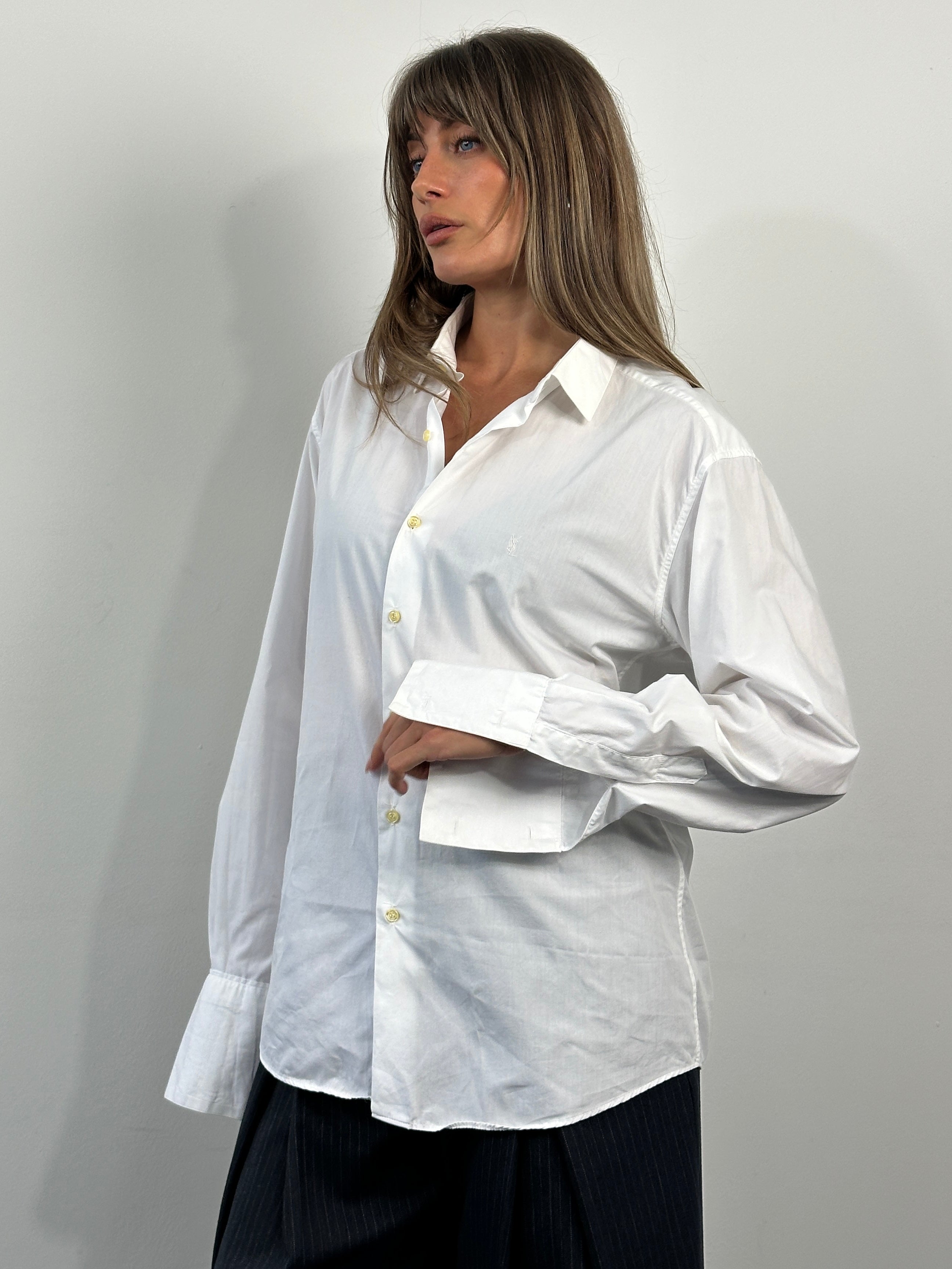Yves Saint Laurent Diffusion Homme 1990s cotton dress shirt in size M, white with classic collar and button front.