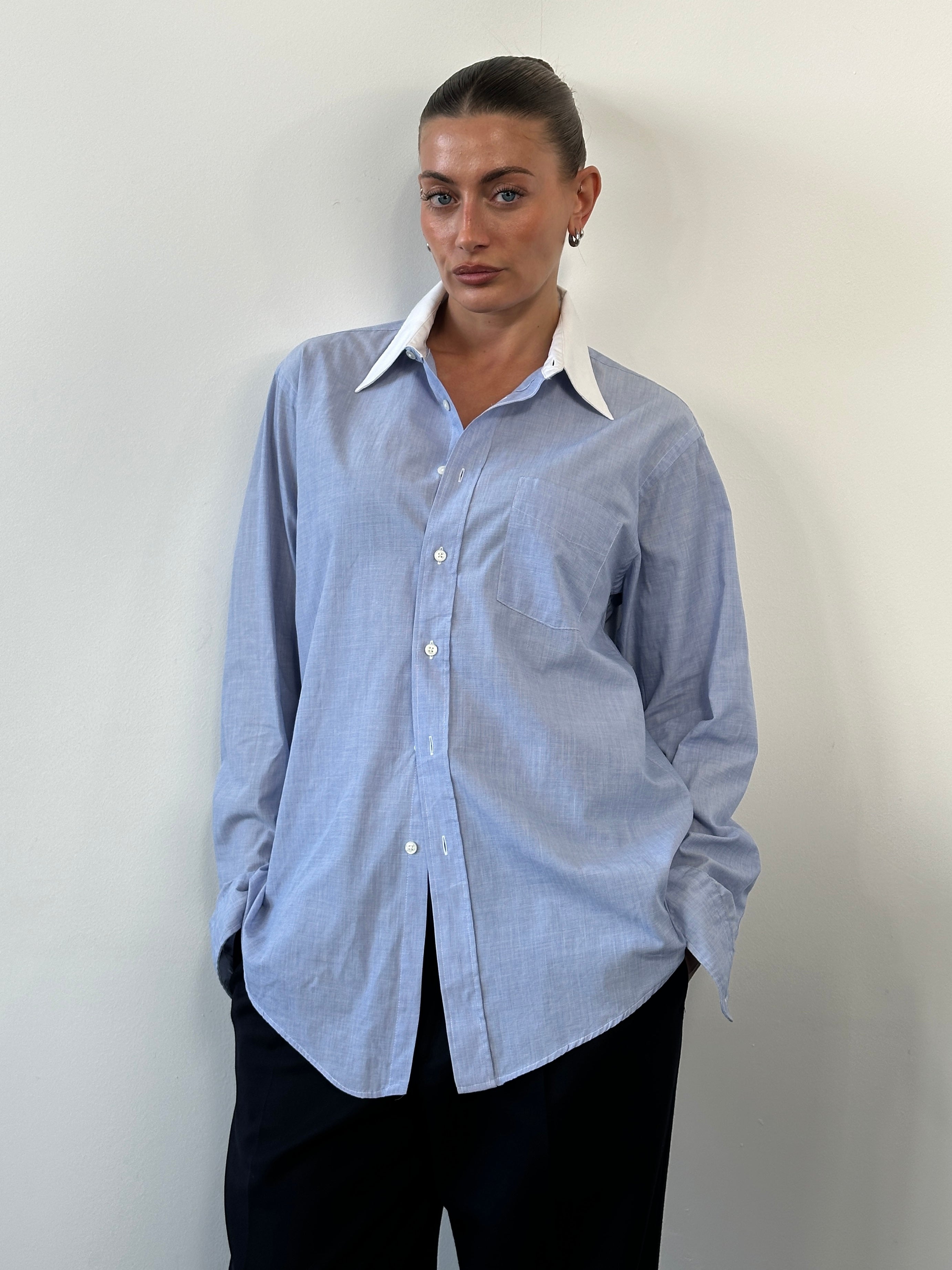 Christian Dior 1980s cotton contrast collar shirt, men's size L, featuring a classic button-up design with a stylish contrasting collar.