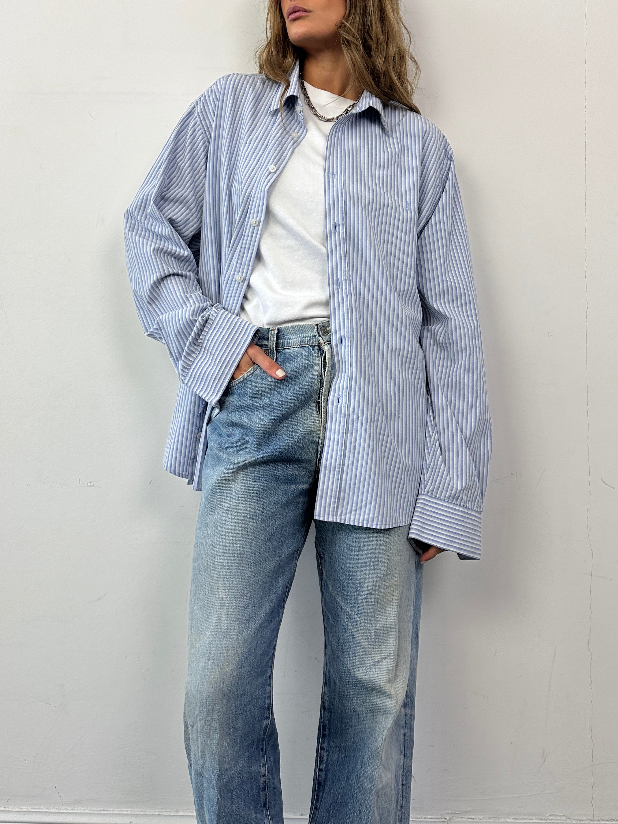 Yves Saint Laurent Pour Homme cotton pinstripe logo shirt in XXL, showcasing classic pinstripe pattern and YSL branding.