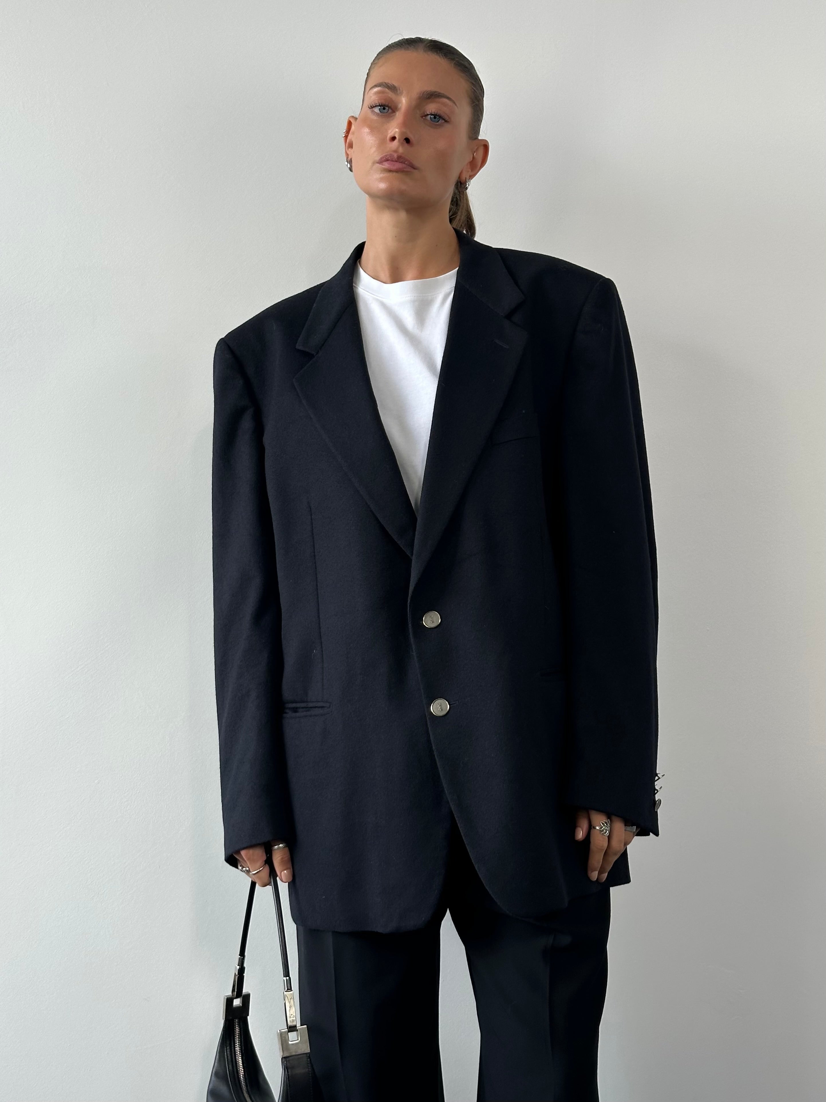Yves Saint Laurent Pour Homme brushed wool and cashmere blazer in XL, tailored with bespoke buttons and classic design.