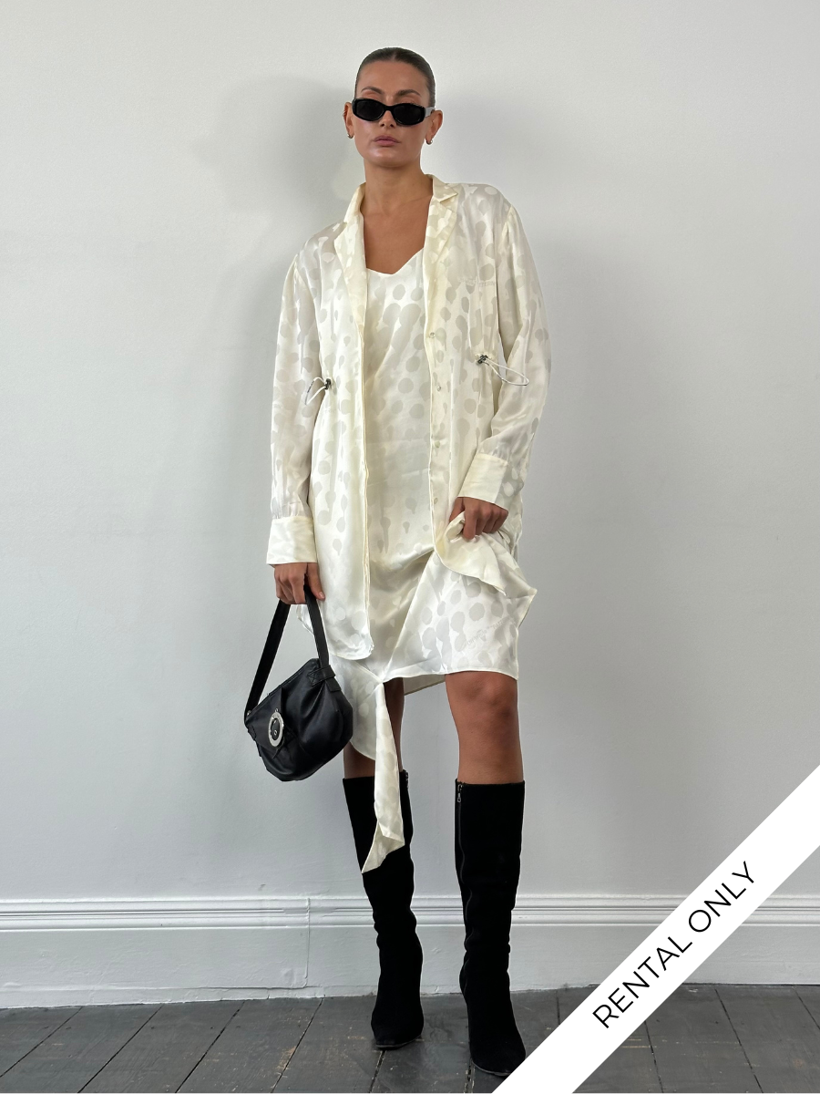 Off-White two-piece cami and shirt dress set in patterned fabric, casual style with sleeveless cami and button-up shirt for women.