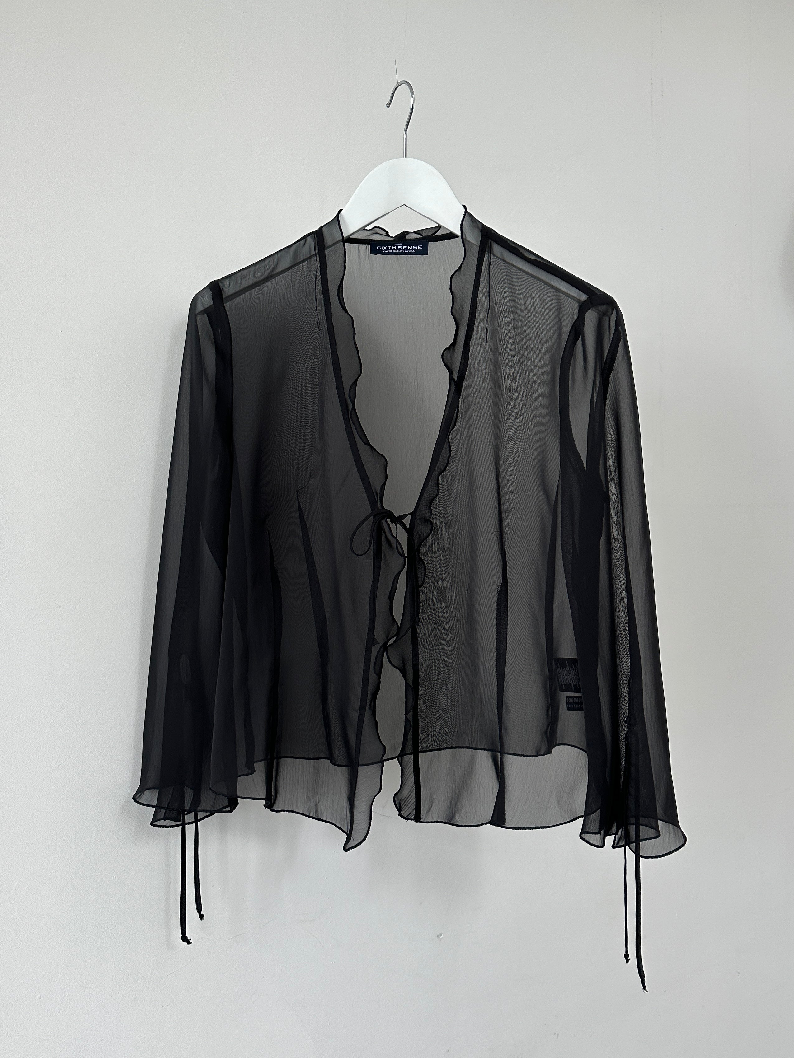 Vintage sheer tie-front cardigan top in size M, lightweight and stylish with a delicate, see-through fabric and classic design.