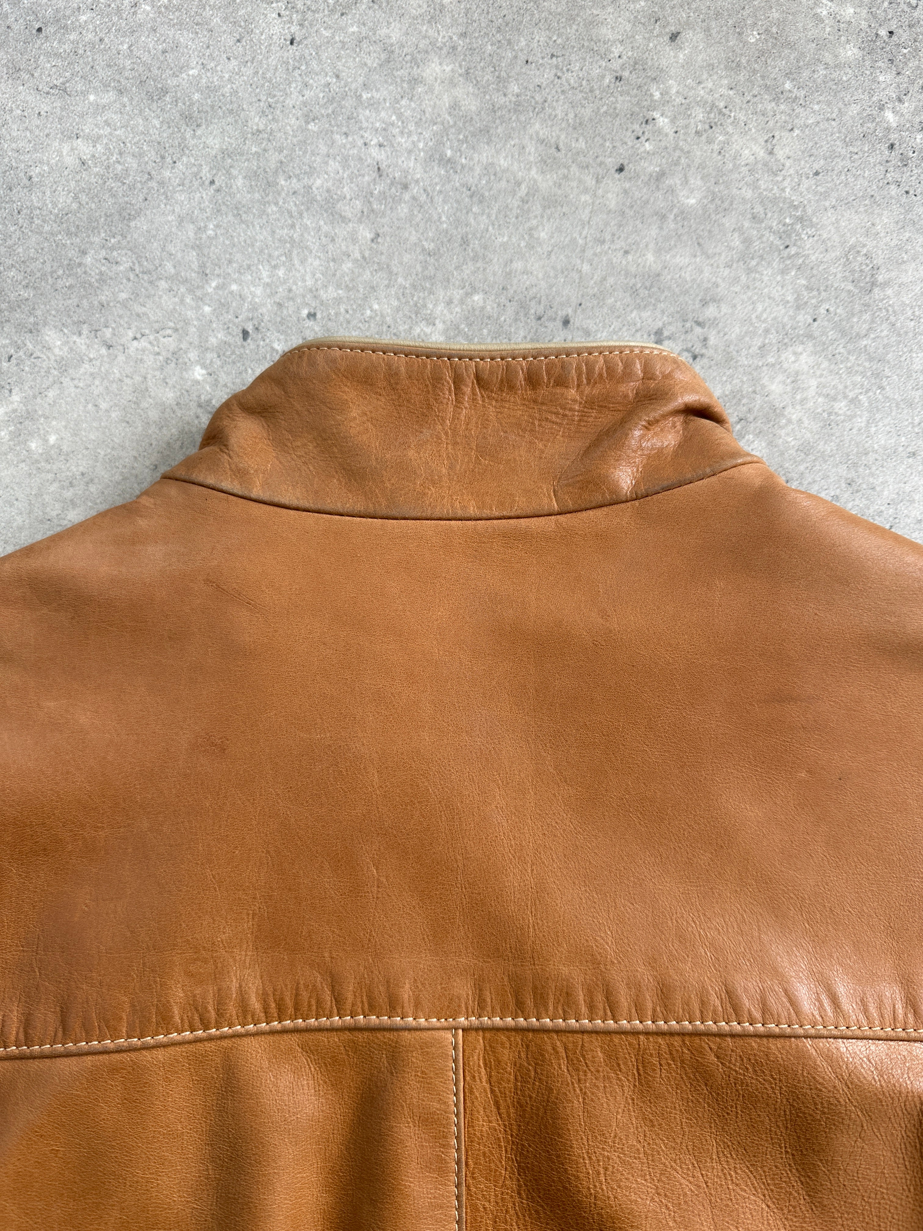 Vintage 1990s Moto Stripe Leather Jacket in size L, featuring classic leather and bold stripe design.