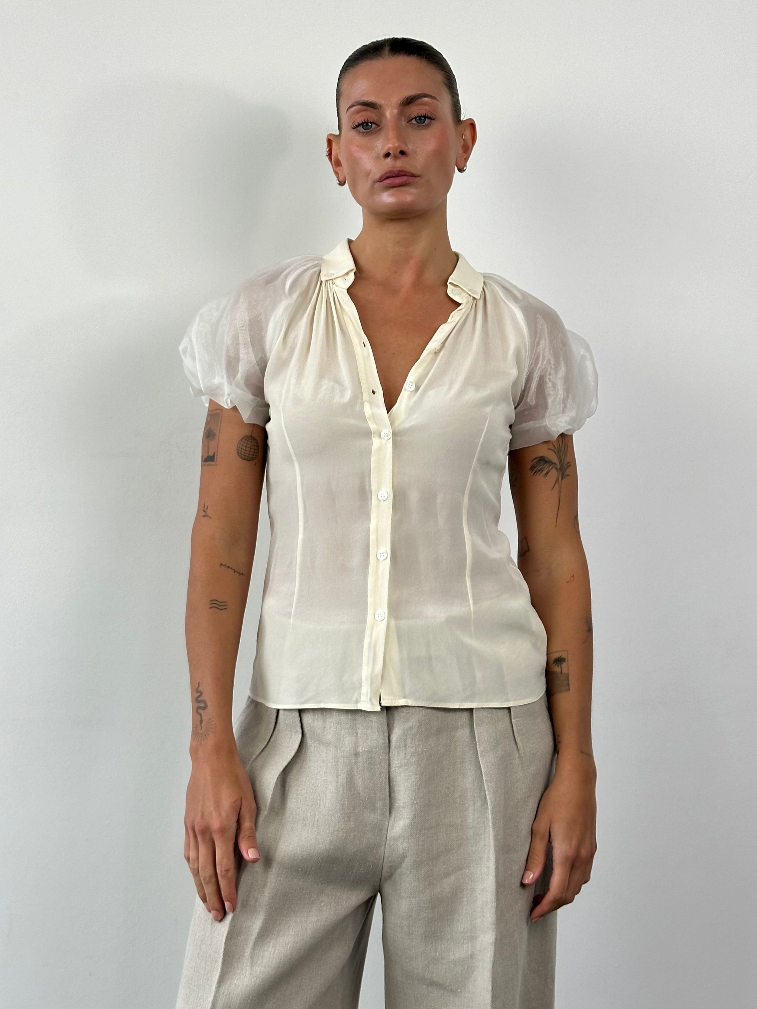 Dolce & Gabbana D&G pure silk puff sleeve shirt in white, XS/S size, featuring elegant puffed sleeves and a classic collar.