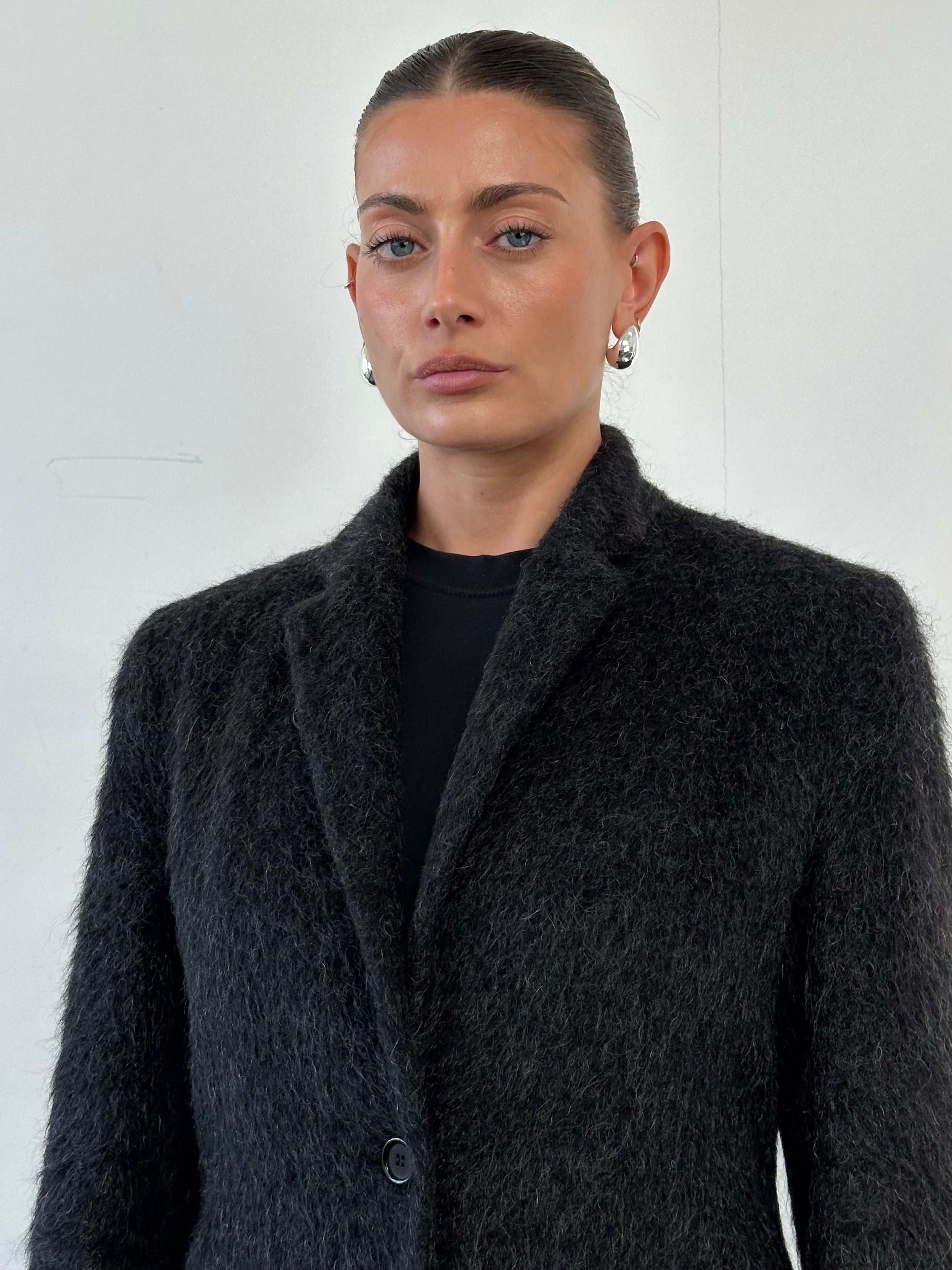 Nicole Farhi fuzzy alpaca wool single-breasted coat in size M, featuring a warm, textured design and classic coat silhouette.