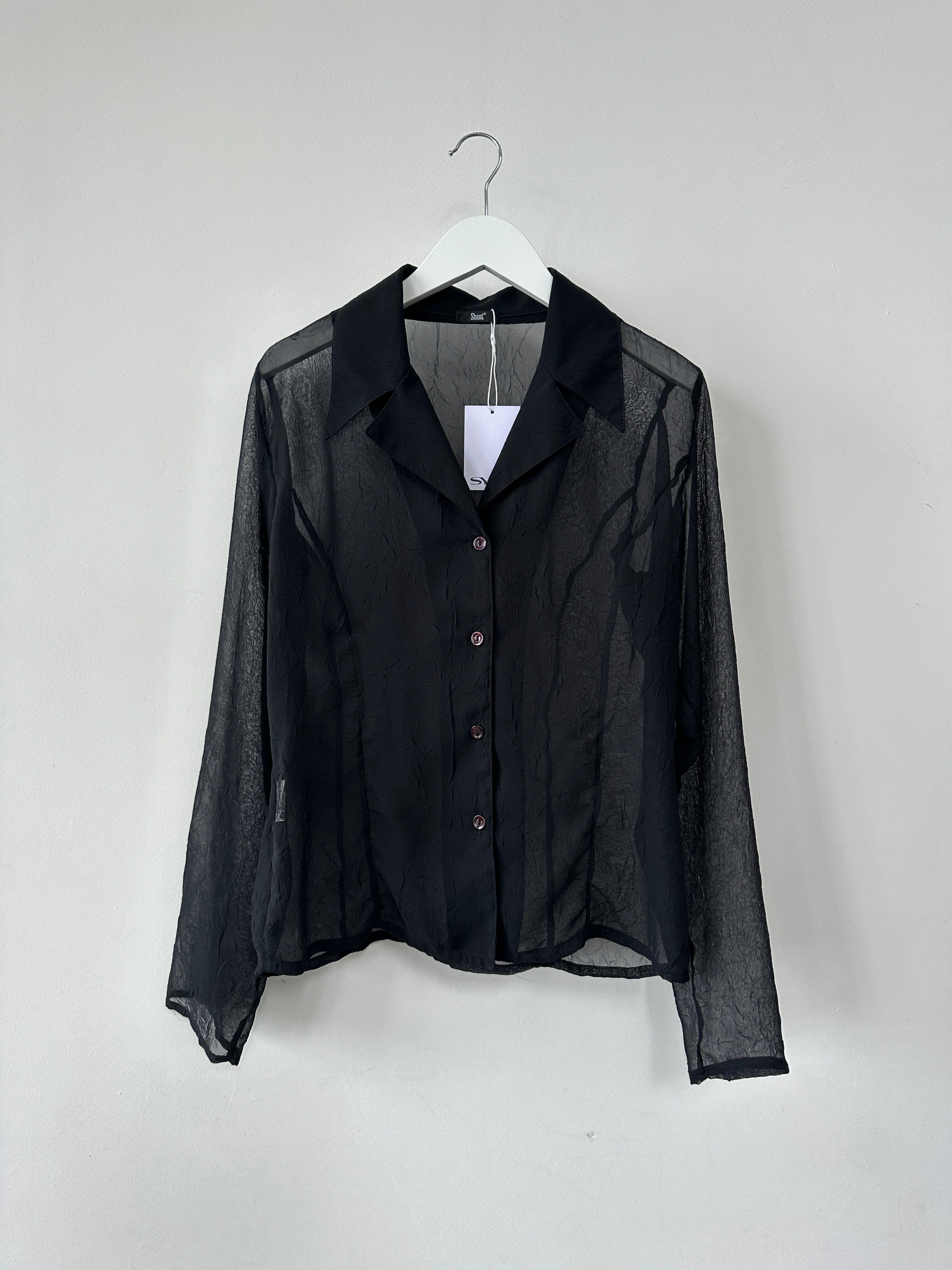 Vintage Italian sheer crinkle fitted shirt in size small, featuring lightweight, textured fabric and classic collar design.