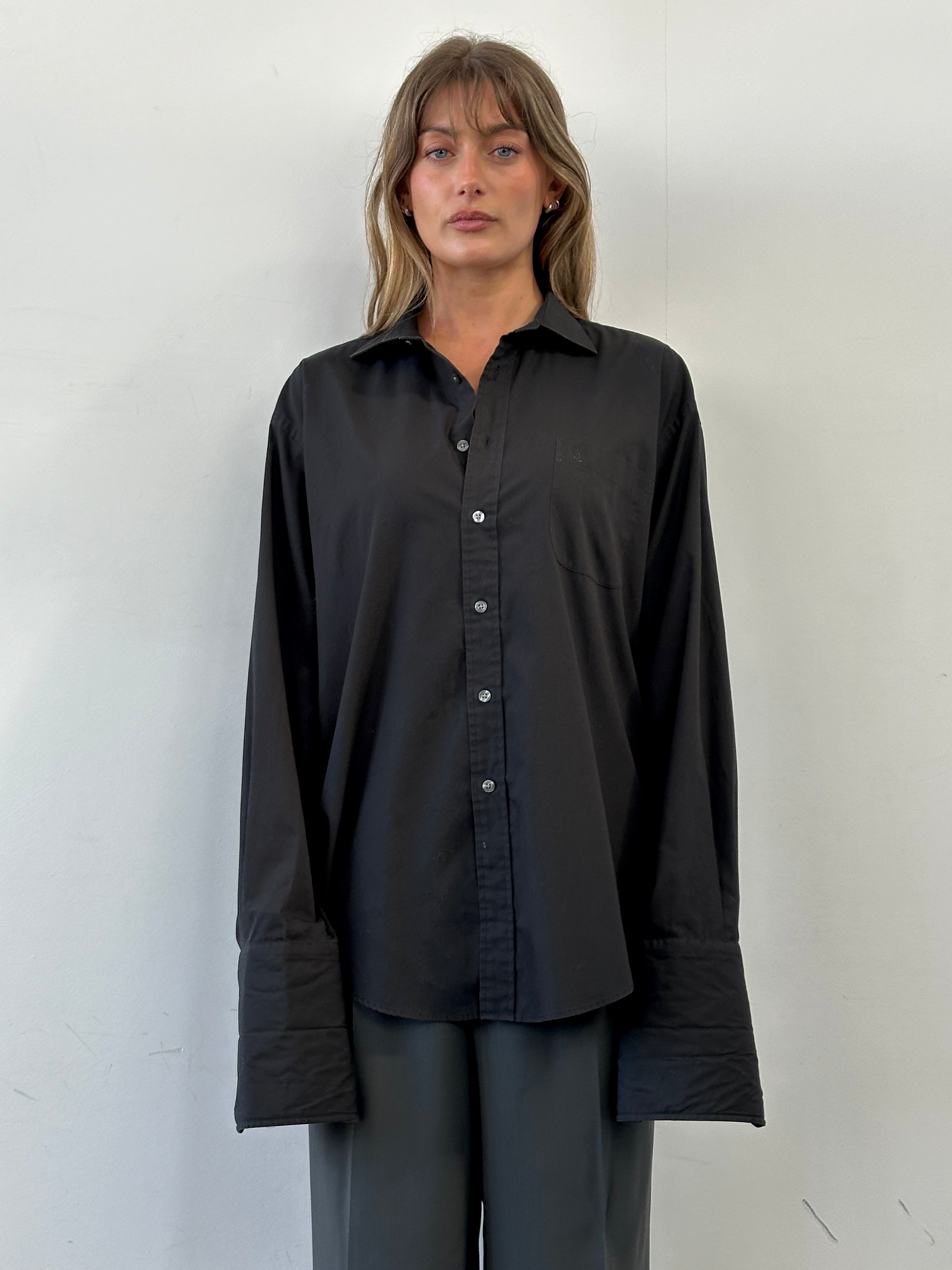 Yves Saint Laurent Pour Homme cotton logo dress shirt in size L, featuring classic collar and button front, styled for formal wear.