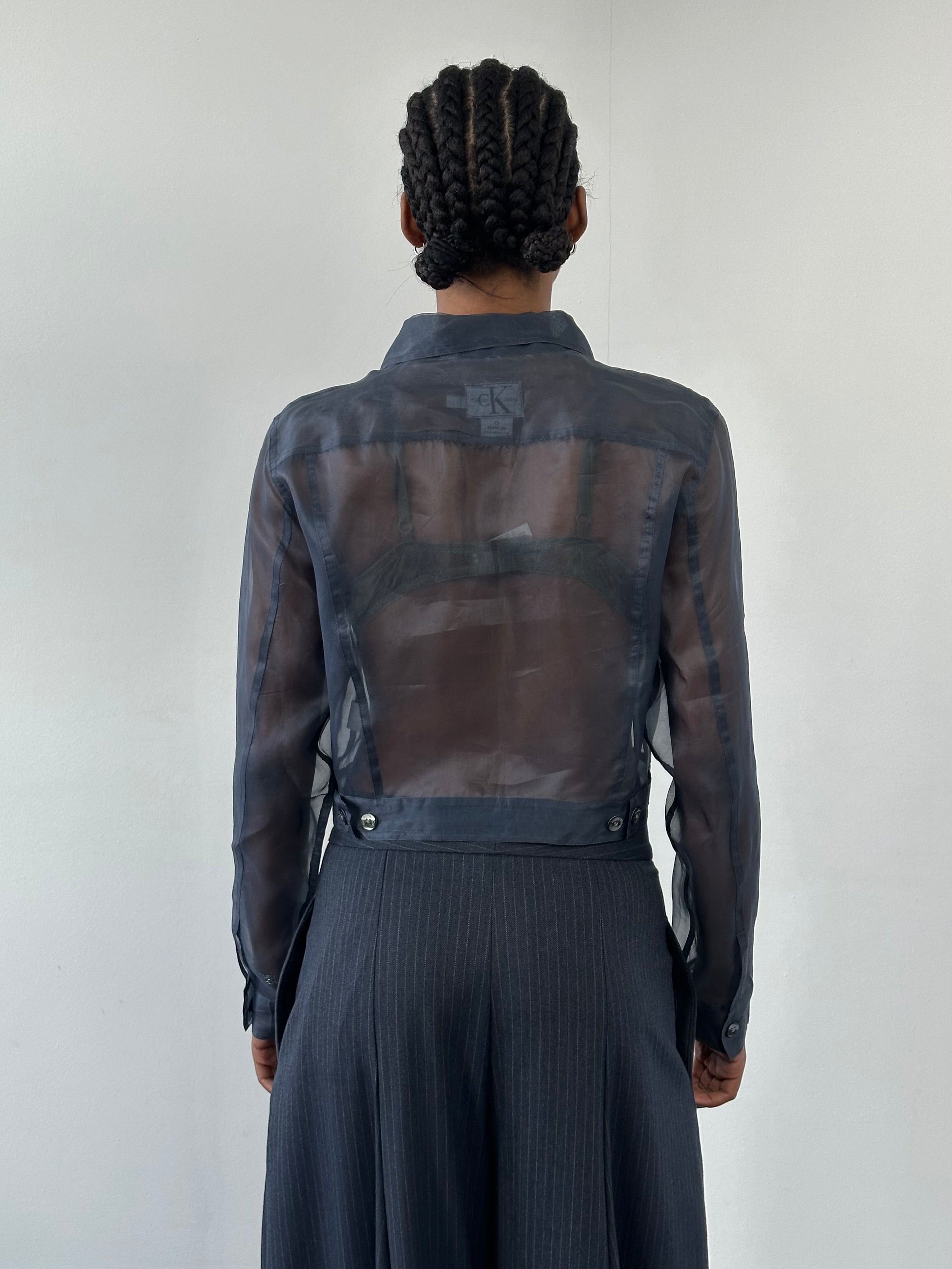 Vintage Calvin Klein Jeans 2000s pure silk sheer jacket in size M, featuring a lightweight, translucent design perfect for layered fashion.