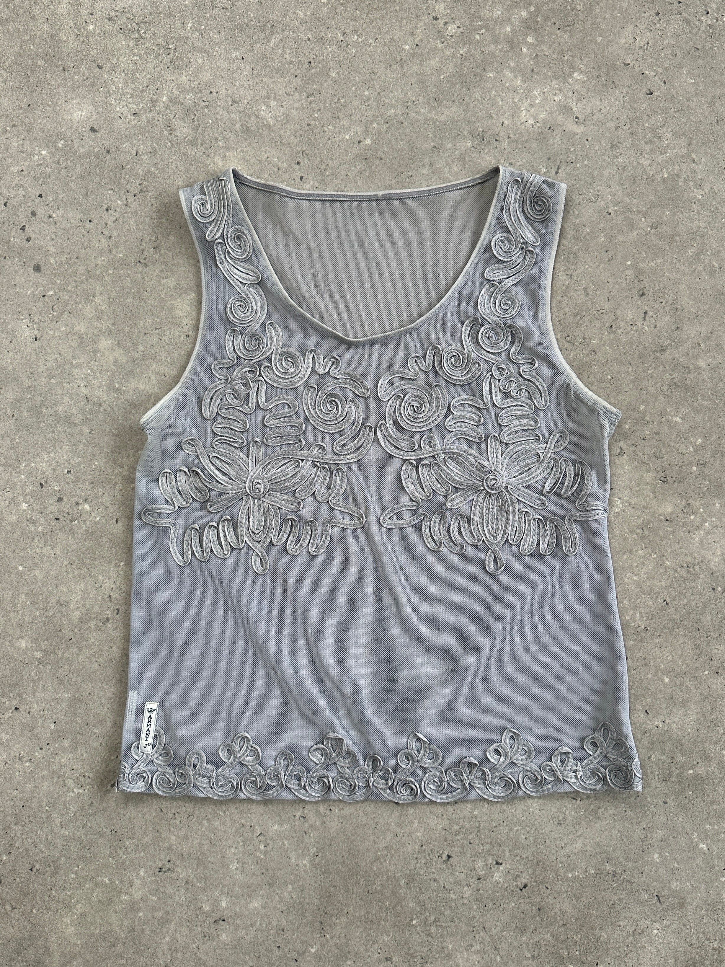 Armani Jeans 1990s sheer appliqué vest top in black, featuring lightweight fabric and delicate floral appliqué details.
