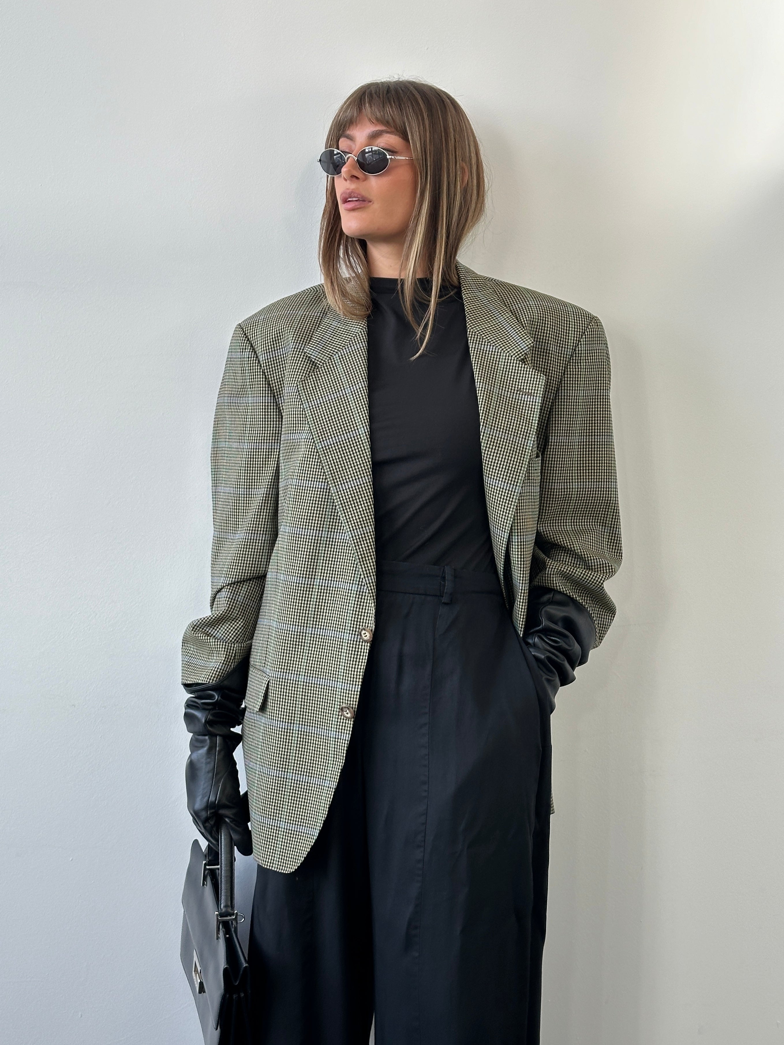 Yves Saint Laurent Pour Homme 1990s wool single-breasted check blazer, size 44R/XL, showing classic tailored fit and pattern.
