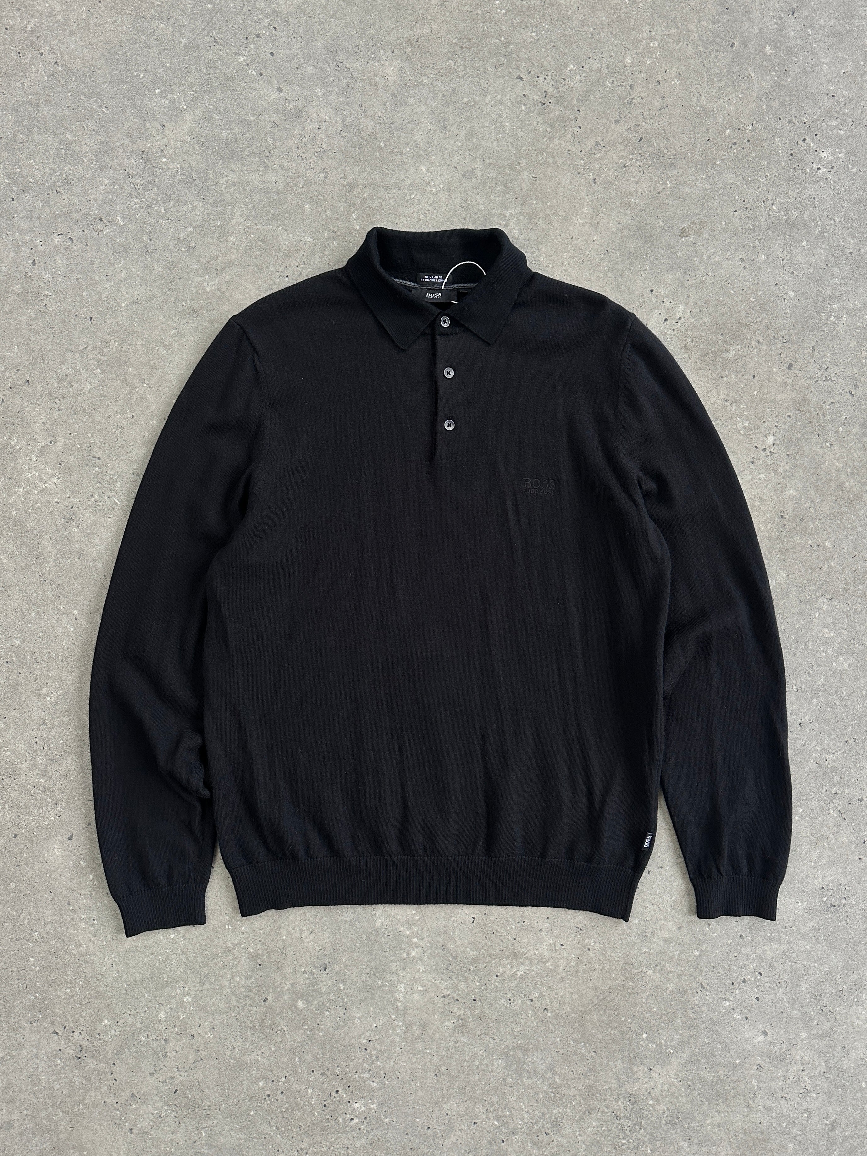 Hugo Boss Pure Wool Logo Polo Jumper in size M/L, navy blue with Hugo Boss logo, soft wool knit, casual style.