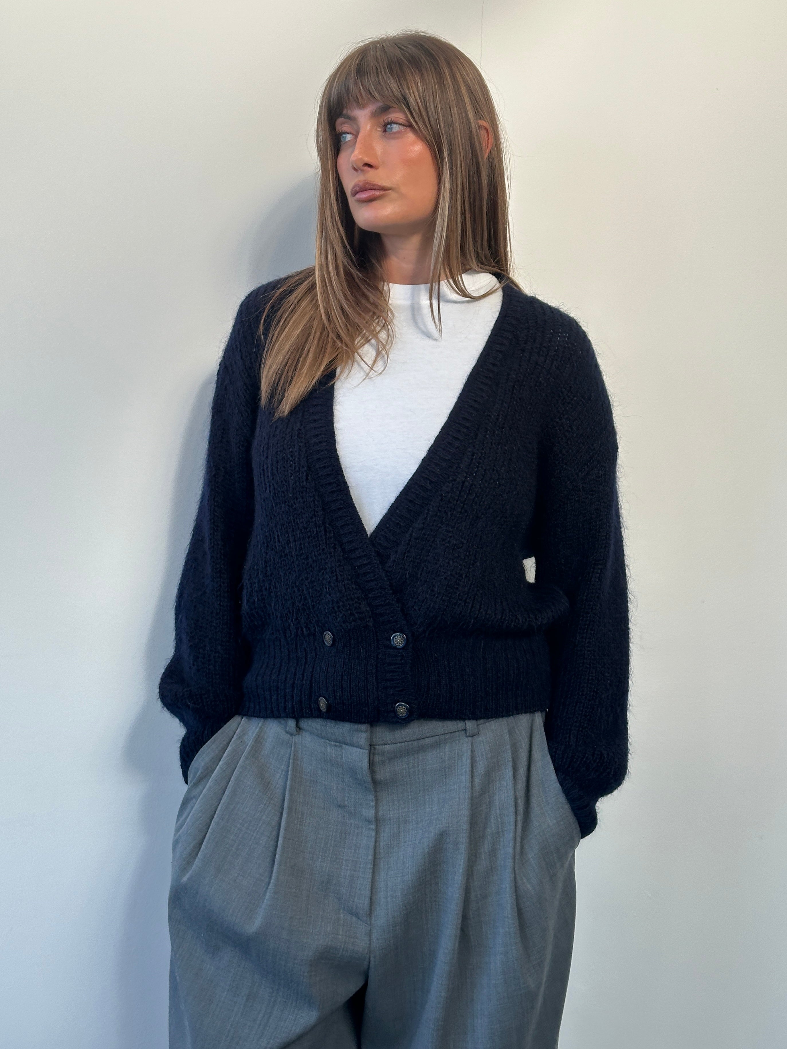 St Michael 1990s mohair double-breasted cardigan in size M, showcasing the soft textured fabric and classic button design.