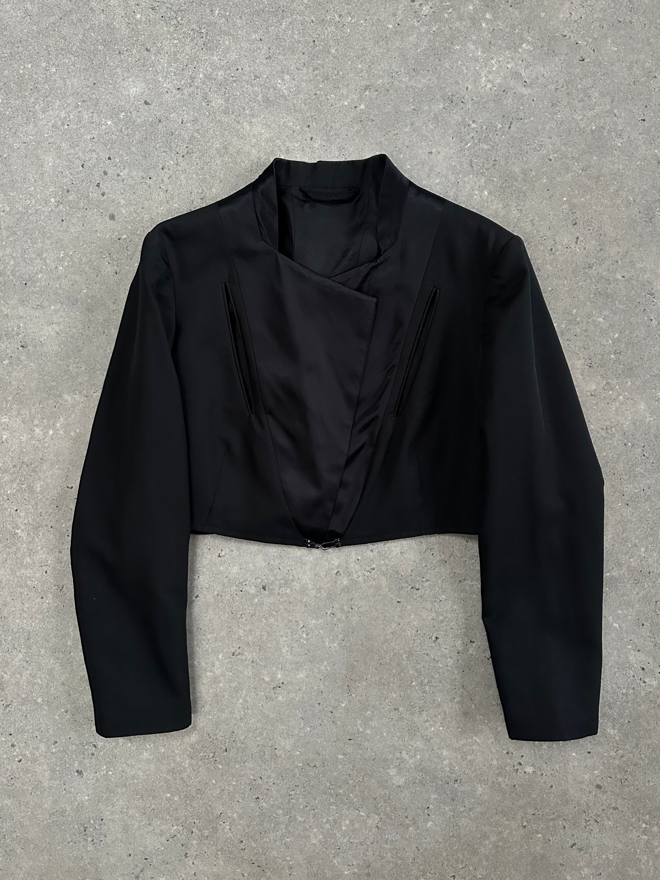 Vintage 2000s wool cropped tuxedo blazer, size small, featuring classic black tailored design with satin lapels and structured fit.