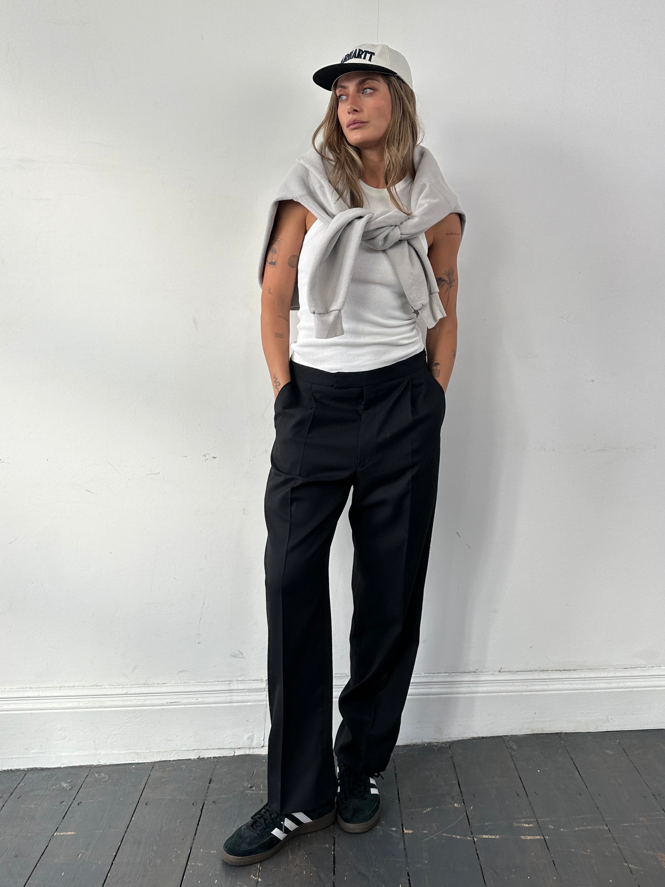 Vintage brand vintage tuxedo pure wool straight leg trousers in size W30-32, showing classic tailored fit in navy fabric.