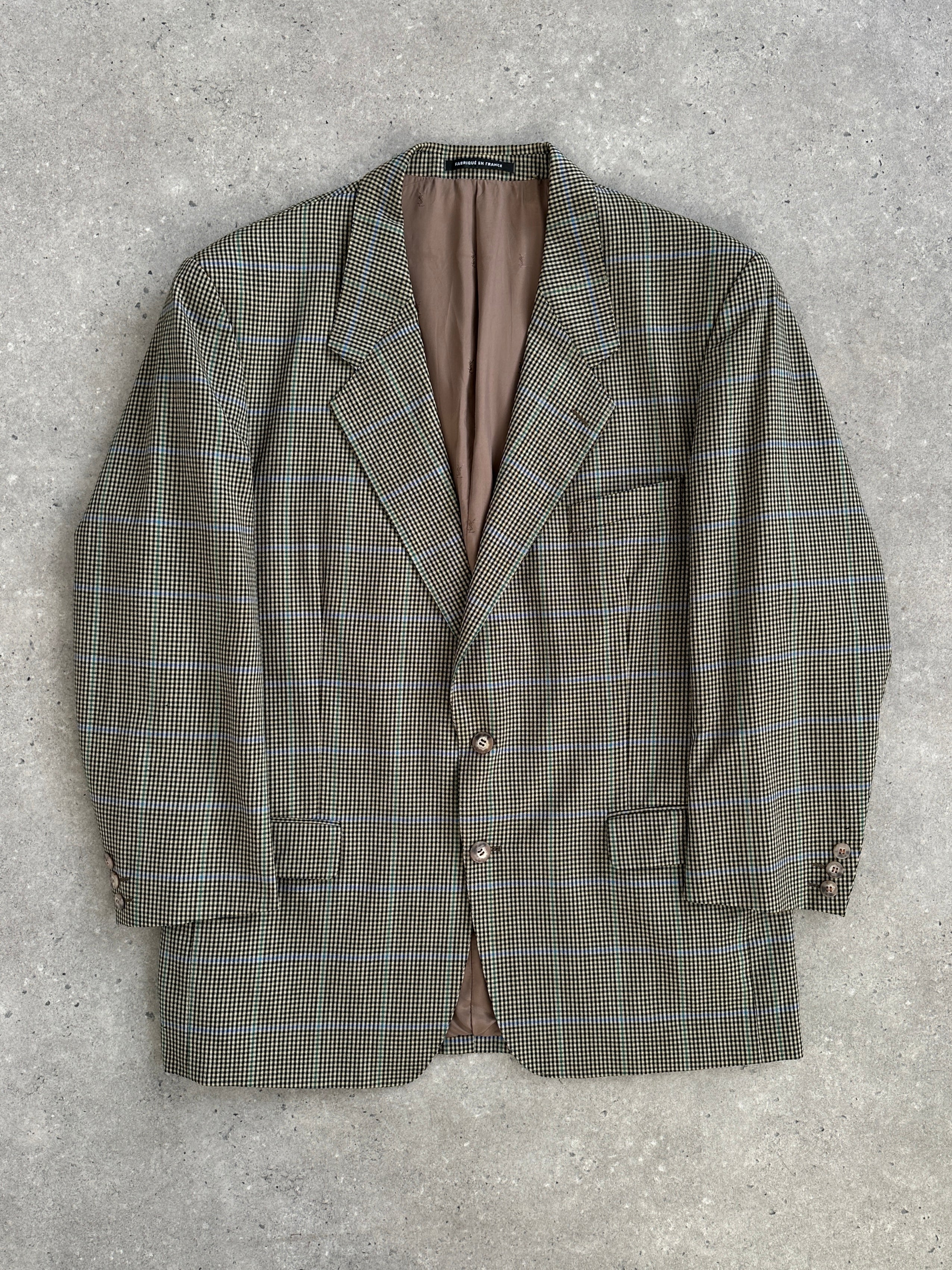Yves Saint Laurent Pour Homme 1990s wool check blazer, single-breasted, size 44R/XL, tailored men's fashion, classic style.