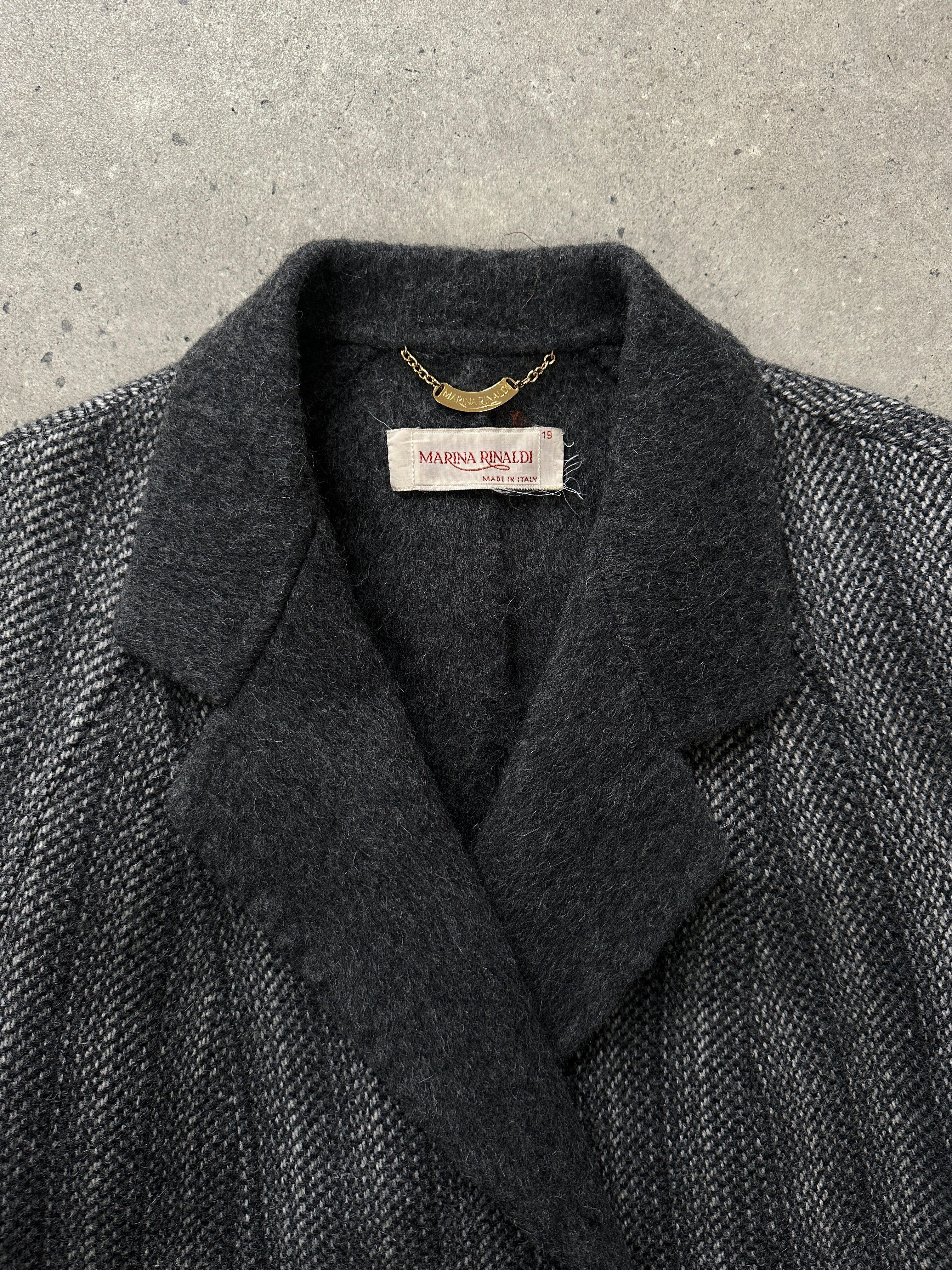 Marina Rinaldi 1990s pure wool double-faced single-breasted coat in size S, shown in a stylish, tailored design.