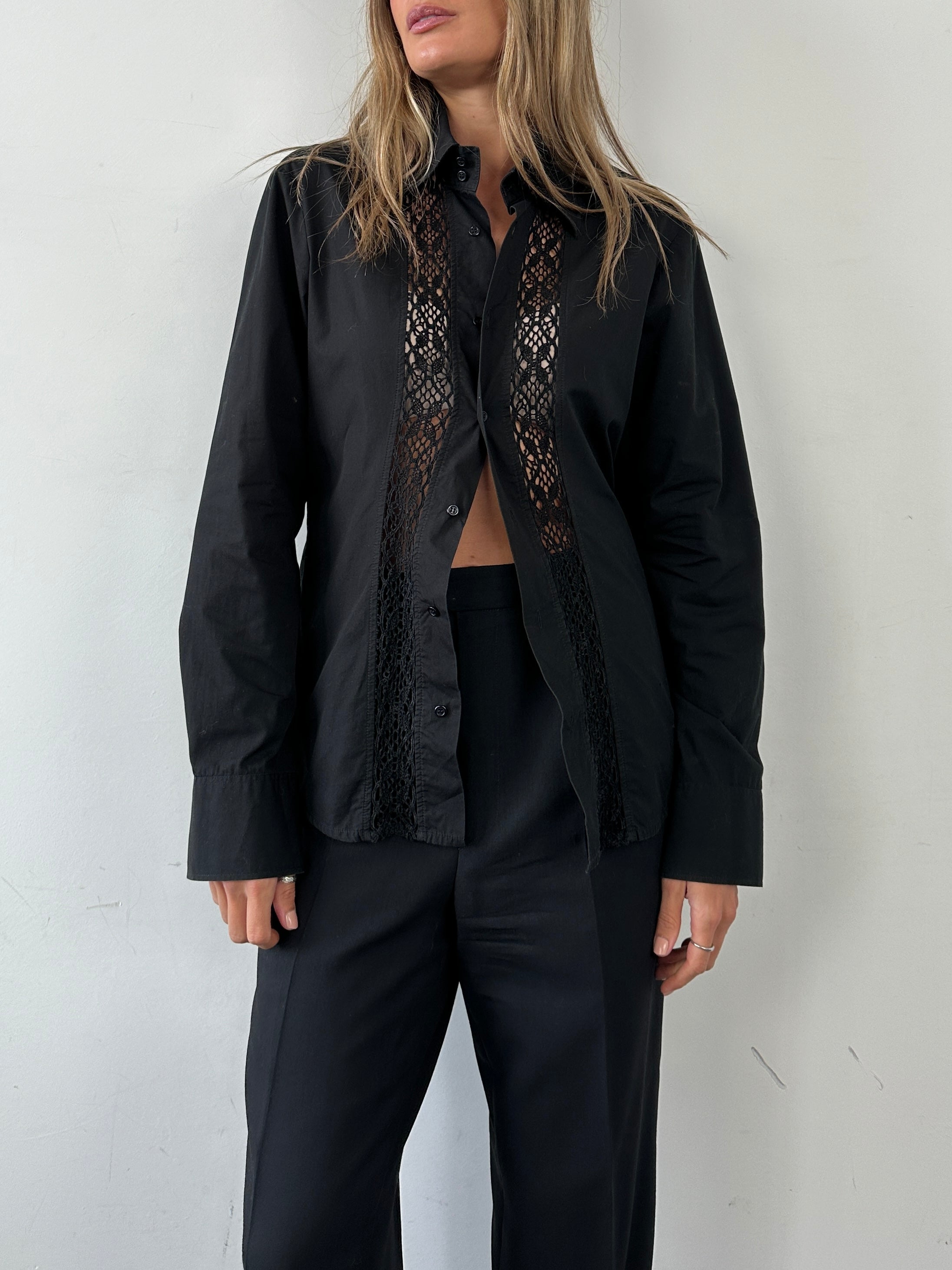 Vintage Pure Cotton Lace Panel Shirt in size S, featuring delicate lace details and classic button-up design.