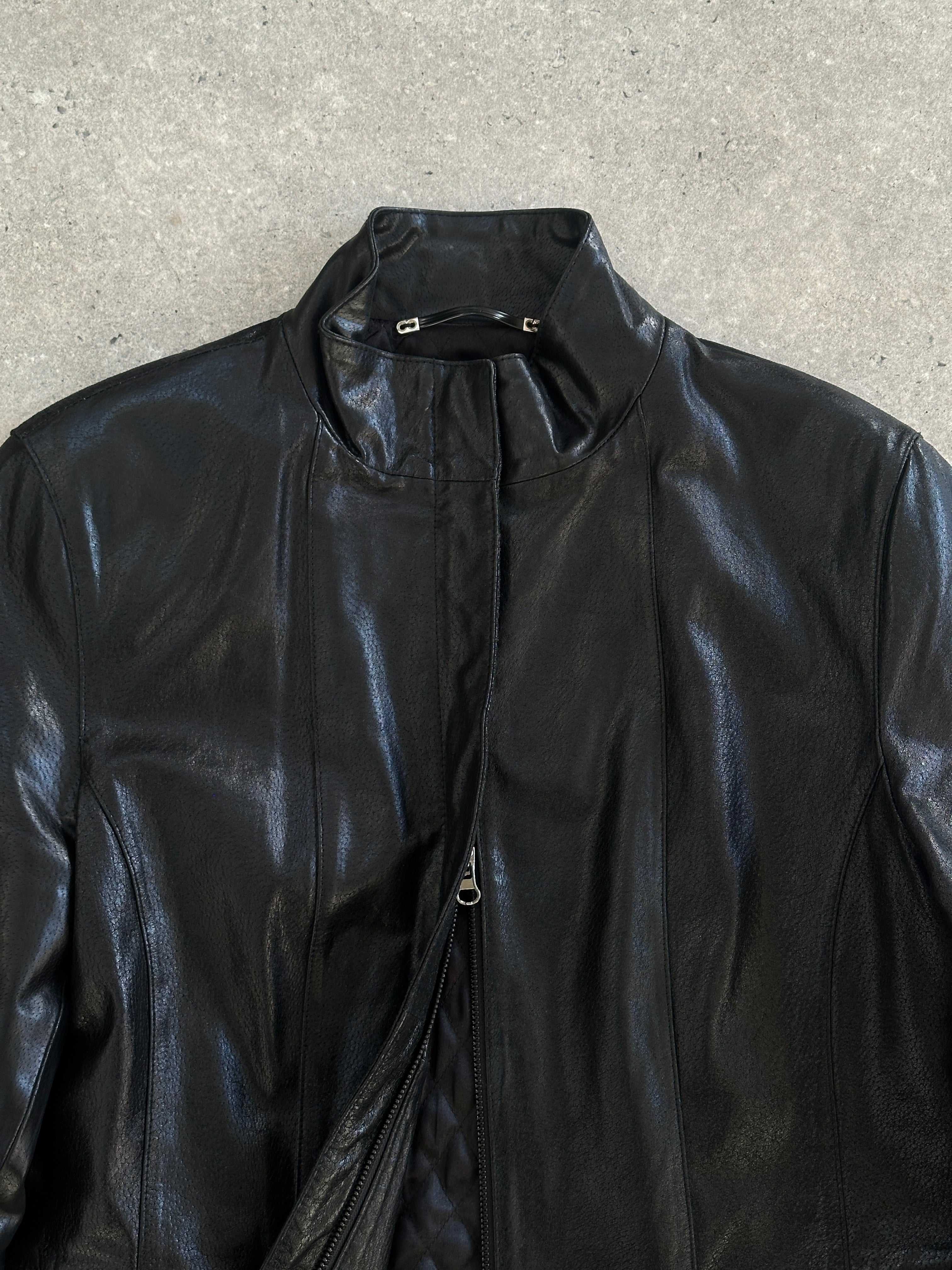 Vintage 1990s high neck double zip leather jacket, size S/M, featuring classic black leather and stylish design details.