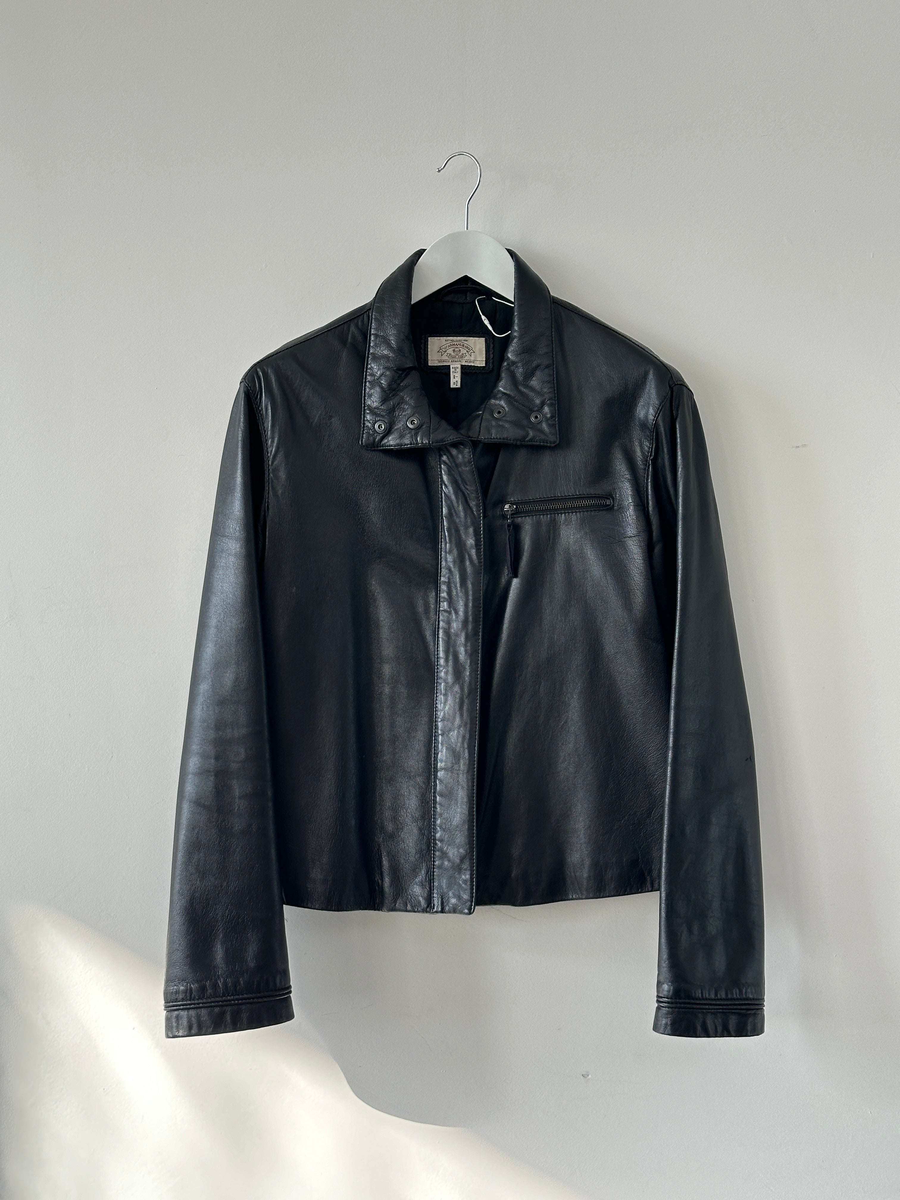 Armani Jeans double zip leather jacket in black, featuring front zippers and a sleek design, size M.