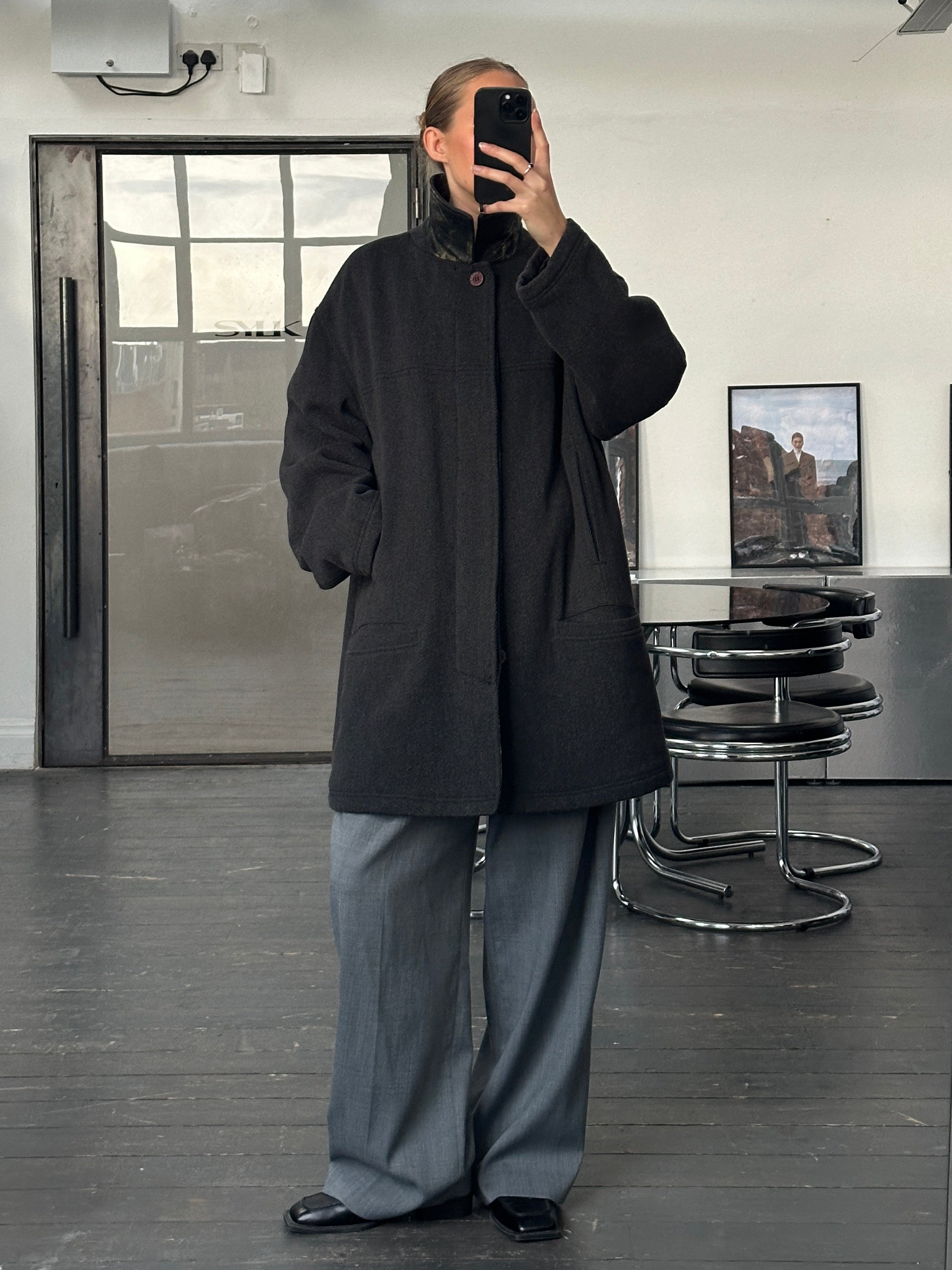 Versace Sport 1990s wool twill coat with concealed placket in XXL/XXXL size, featuring classic design and tailored fit.